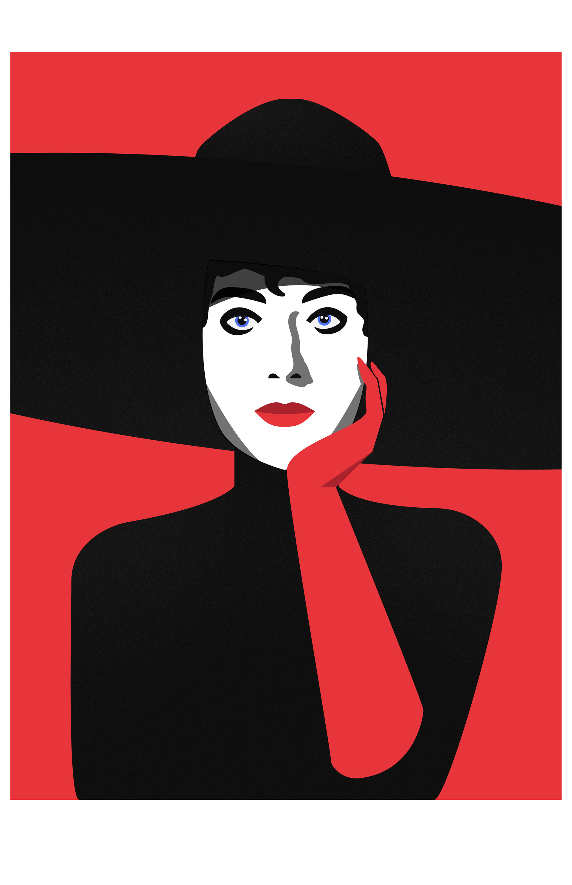 A bold red background behind the Little Black Dress figure