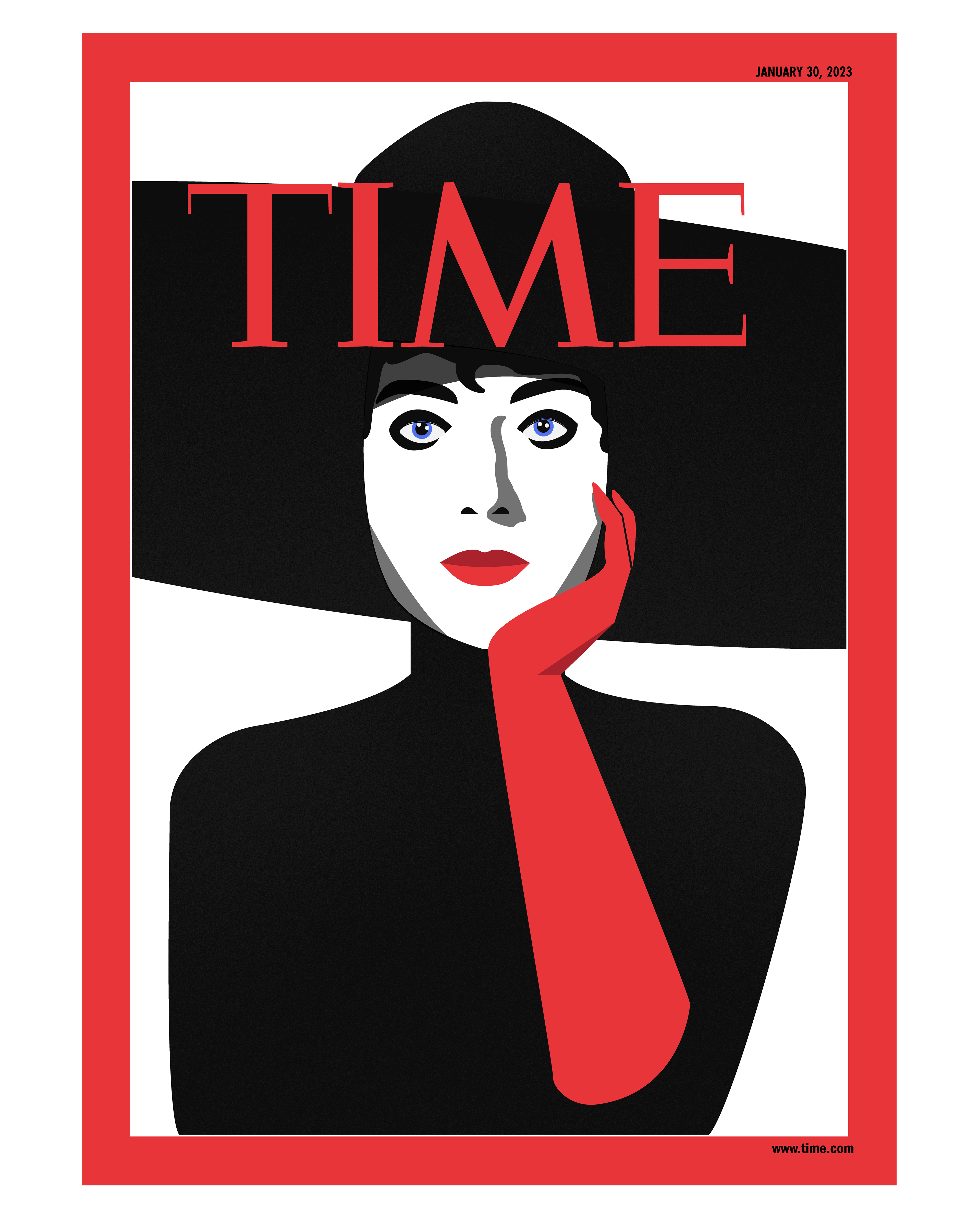 A Time magazine mock-up of the'60s fashion scene. A woman with a large sun hat, a little black dress, and red gloves.