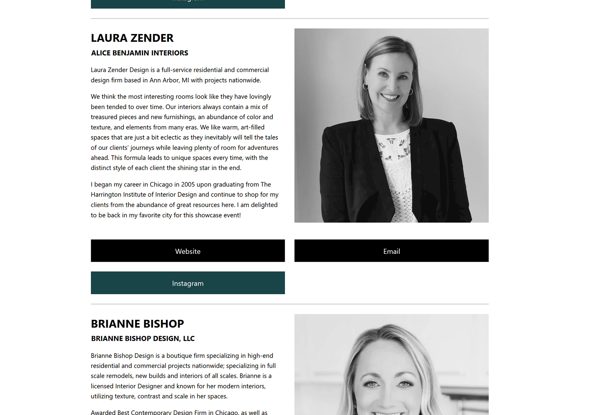 A screenshot of the work in progress interior designers page, complete with a bio and contact info.