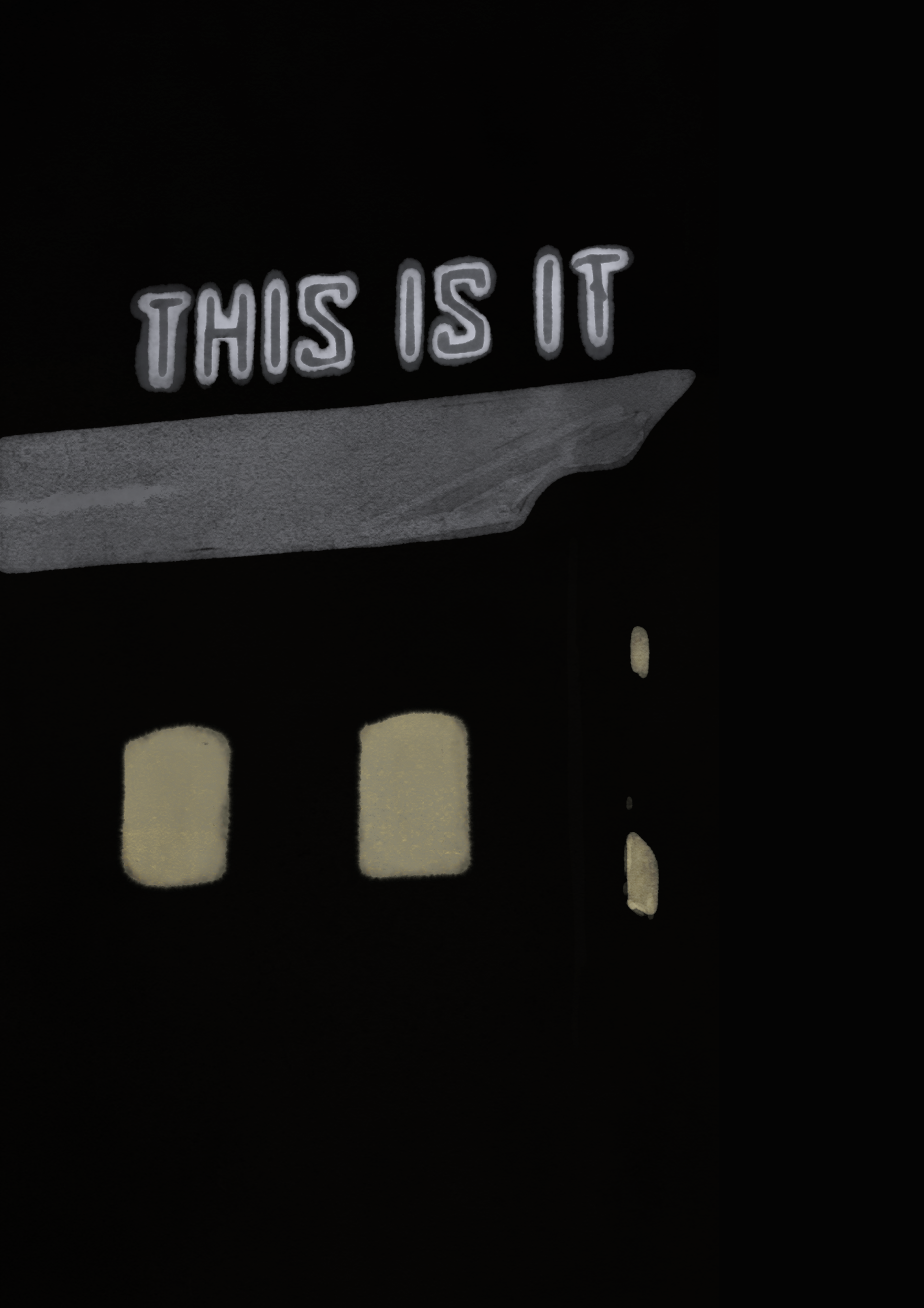 A fluorescent light display above a factory turned office space in Oslo, Norway.
