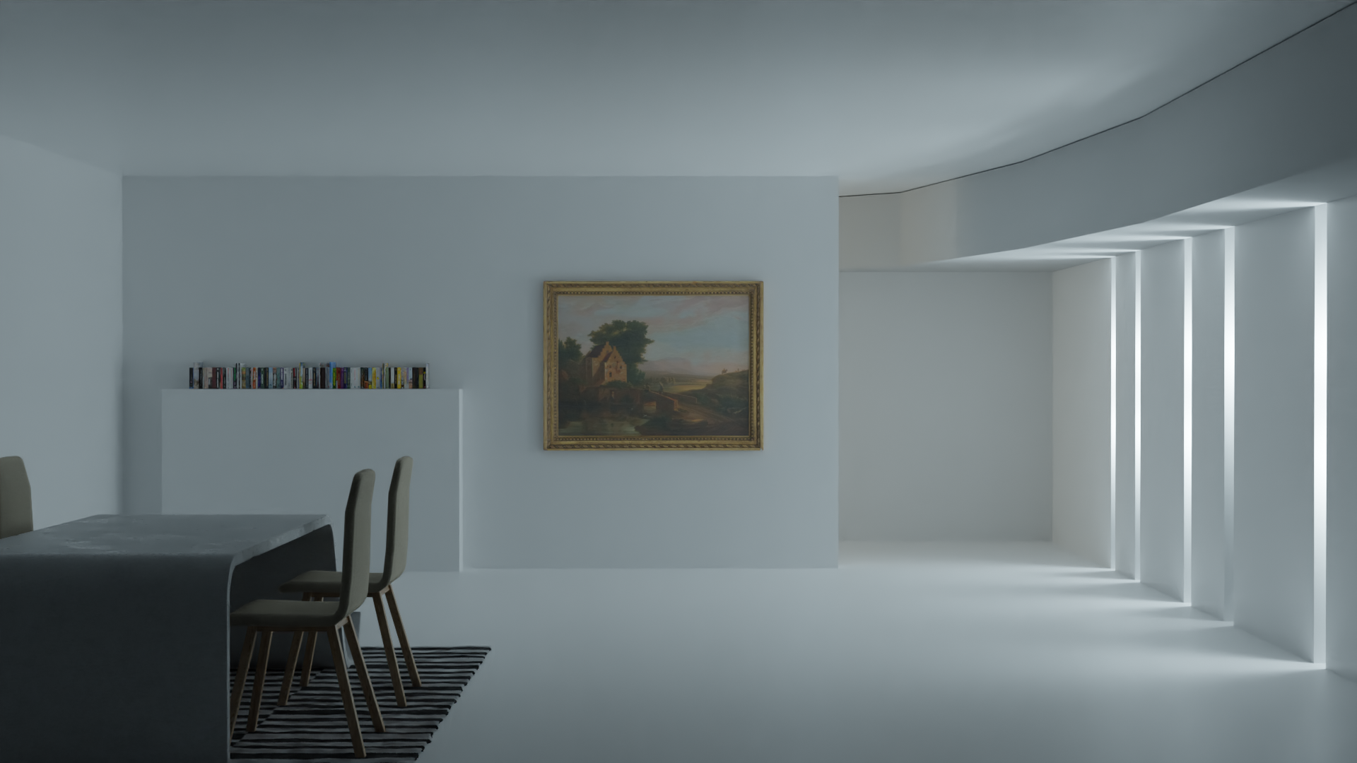 Interior 3D design of a modern dining room at night, with gaps in the walls serving as light sources