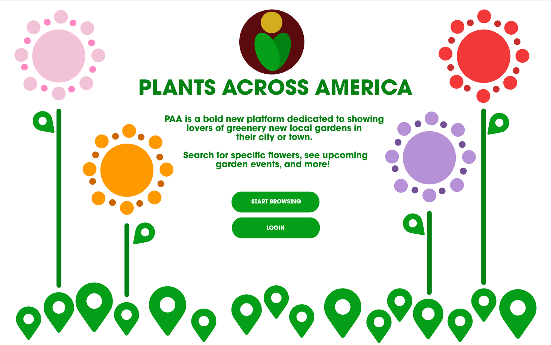 The splash page, evoking both plants as well as location (by using markers)