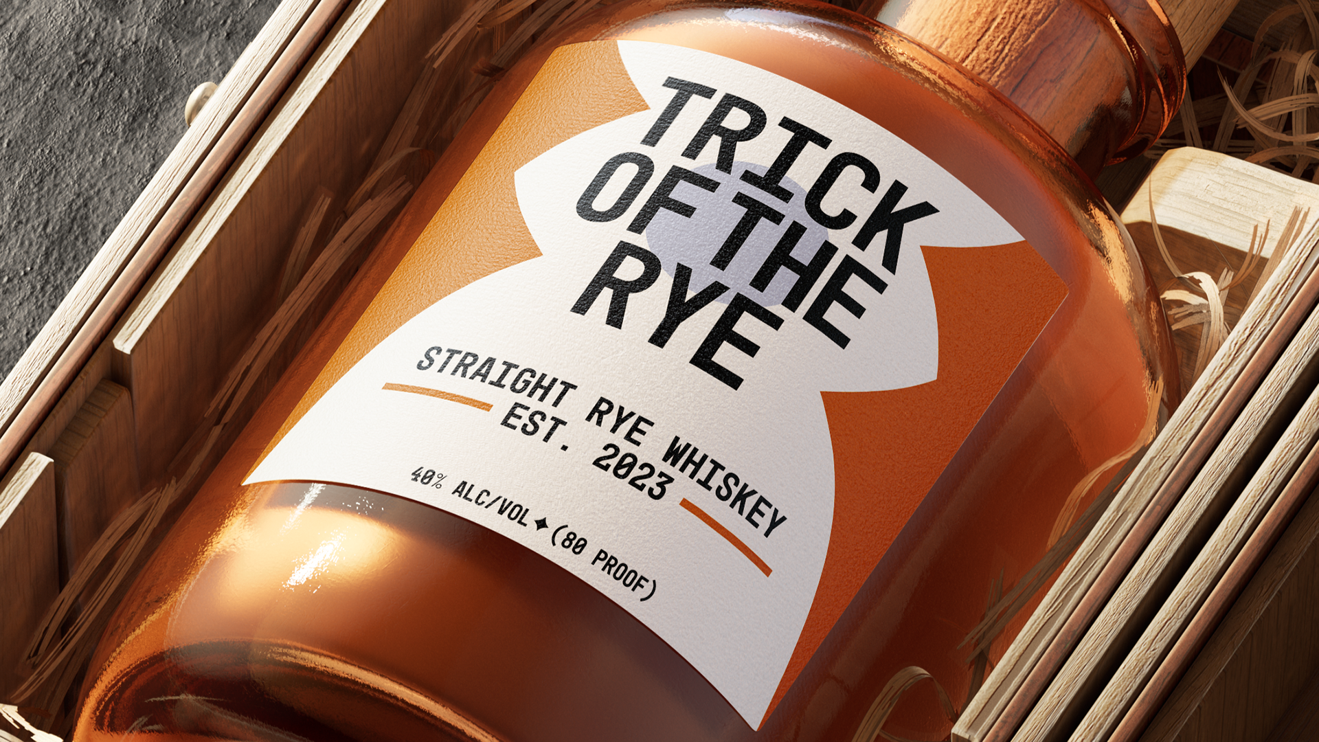 Design for a fictional rye whiskey brand called Trick of the Rye