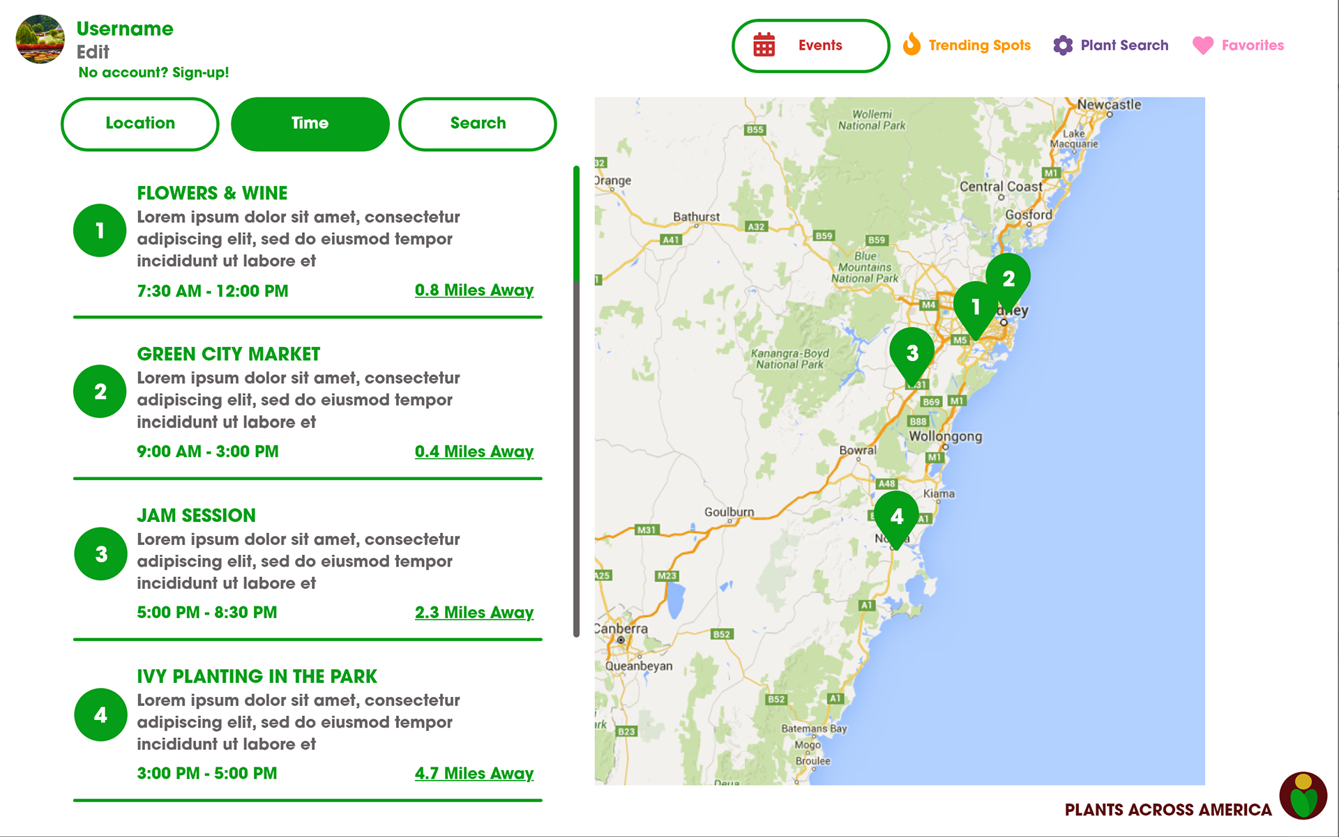 The events section, with categories within including Location, Time, and Search