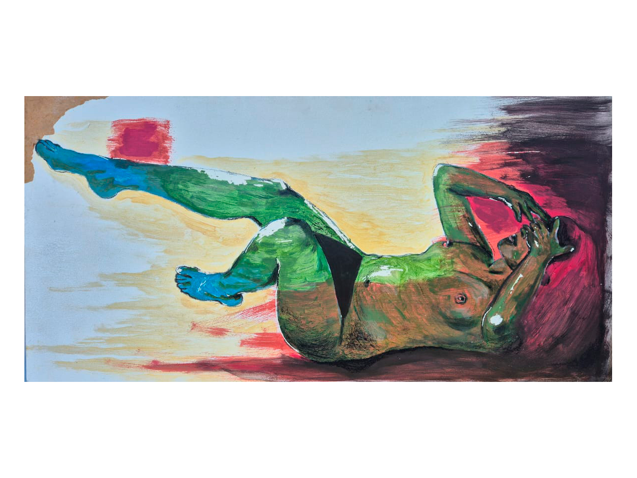 Mulher vapor, 79x46 cm 2025 Acrílica, gesso e carvão vegetal sob retalho de compensado.