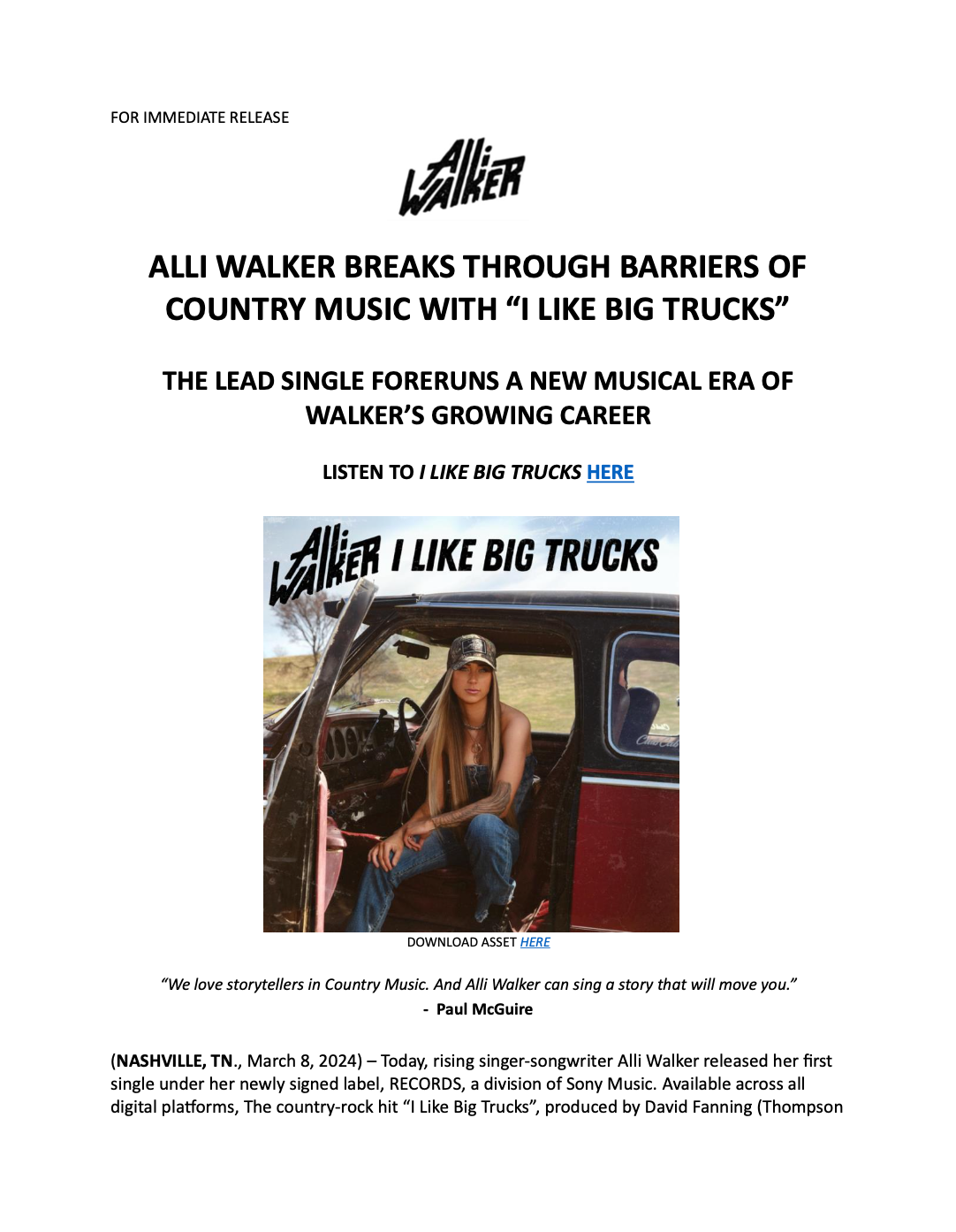 Alli Walker Press Release