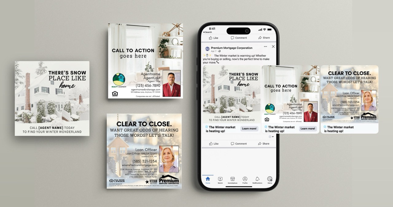 Winter theme ad campaign titled There's Snow Place like Home. Features 3 ad cards. Snowy, light colored imagery.