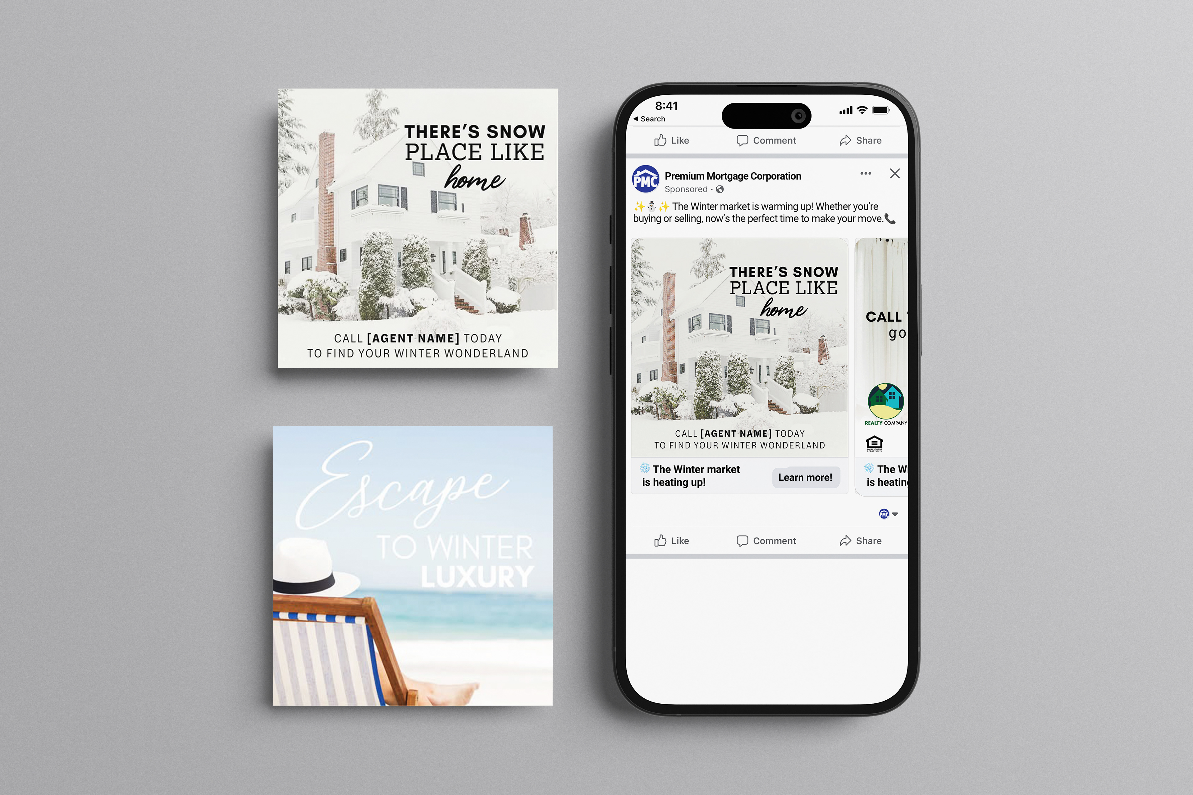 Image of Premium Mortgage's Facebook ad highlighting available options for winter themed advertisements that agents and loan officers could co-brand.