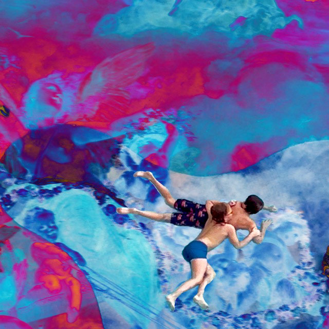 Two boys floating over a blue and red field.