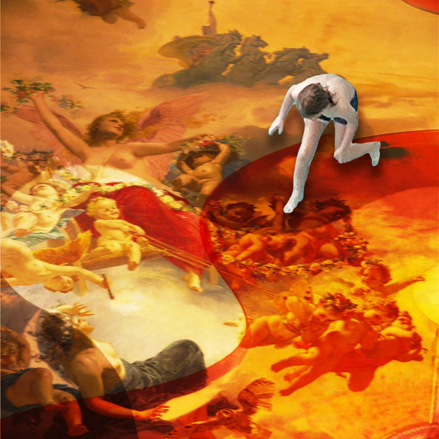 A boy floating over a red and orange field.