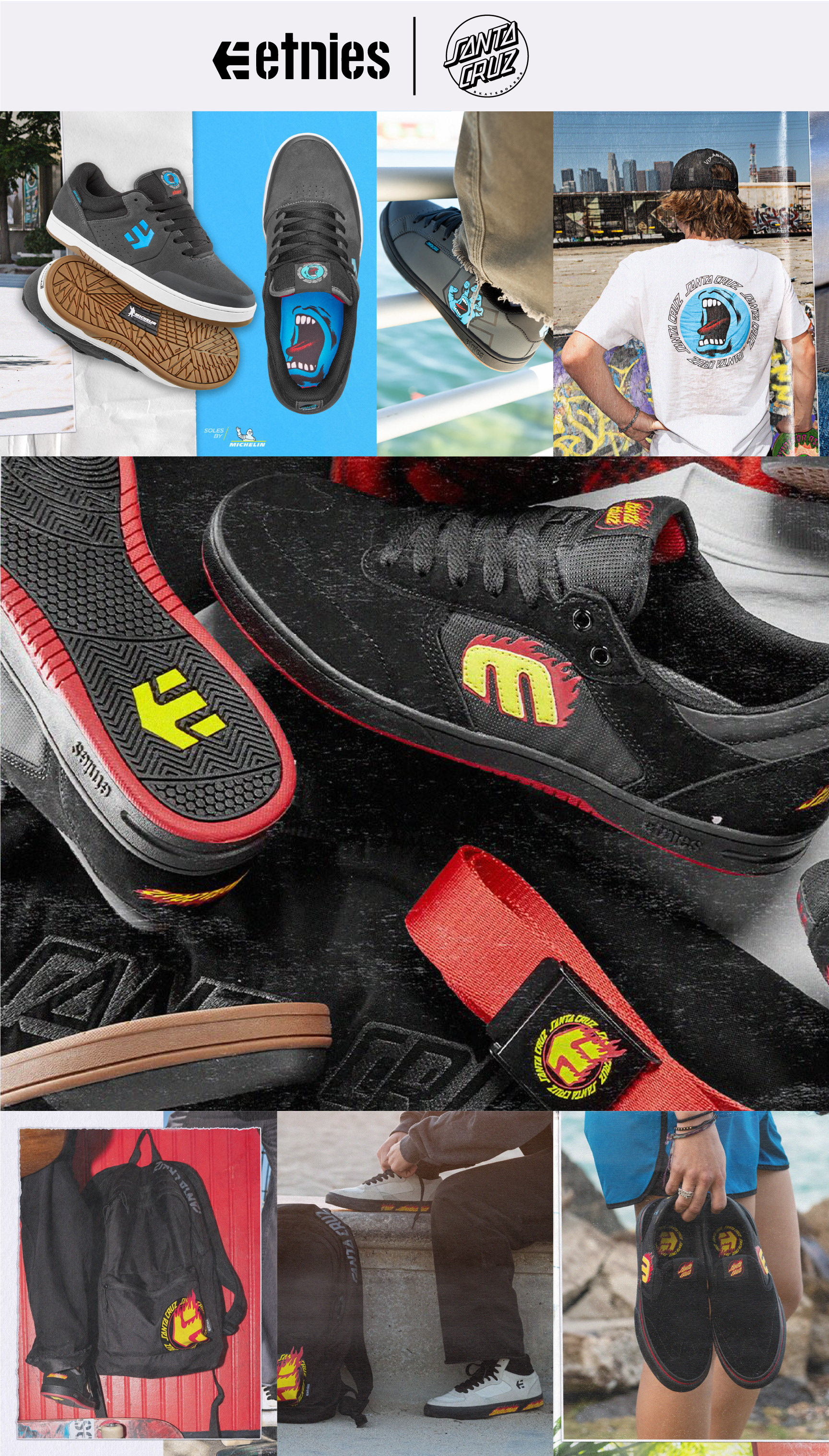 created by chip, chip Marucci, graphic design, art director, creative director, etnies, Santa Cruz skateboards, footwear collection, screaming hand, flame, apparel, footwear color and material, design and concept ideation