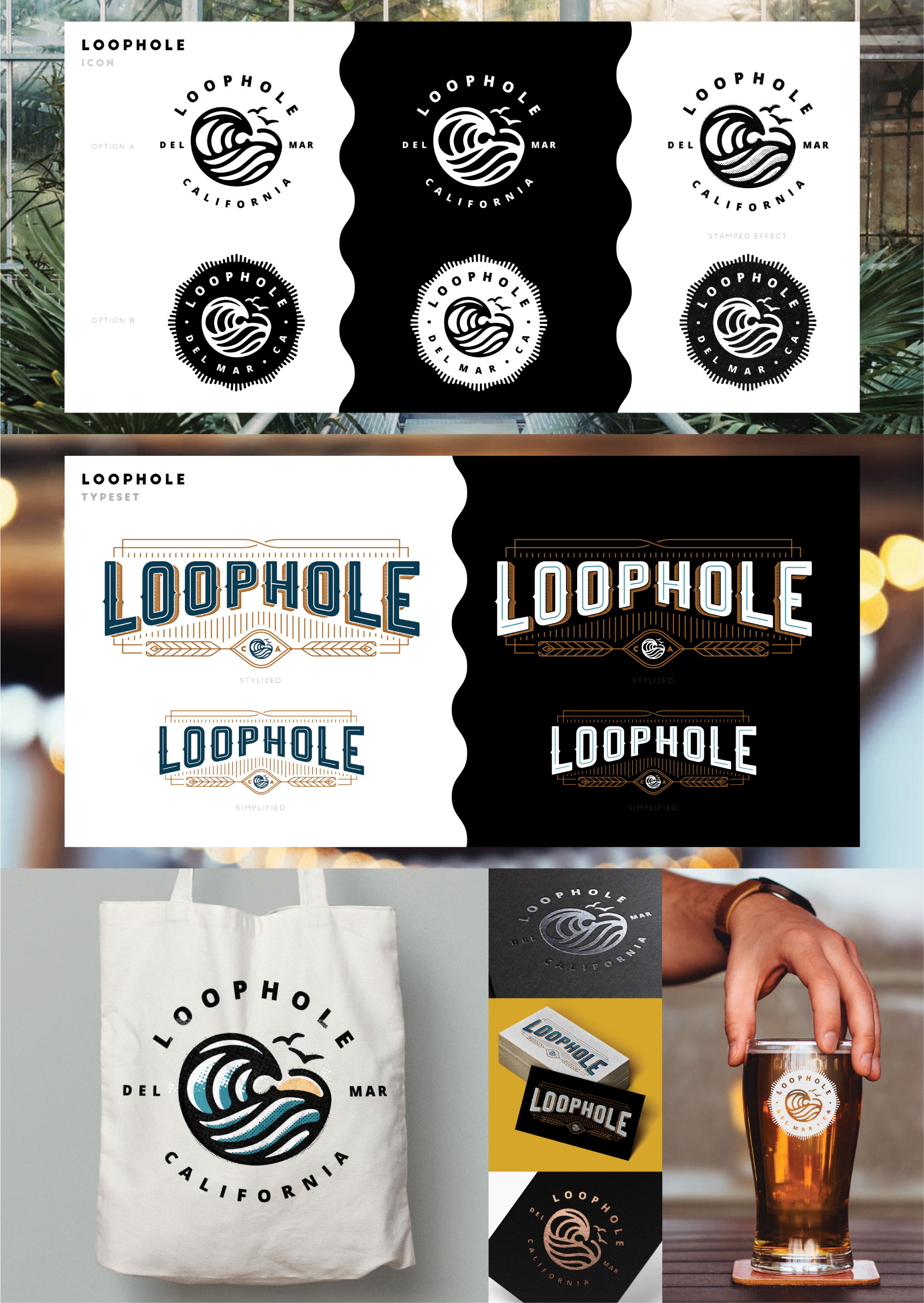 created by chip, chip Marucci, graphic design, art director, creative director, Logo and branding identity, loophole, California, graphics, lock ups, product mock ups, brewery, coastal, restaurant