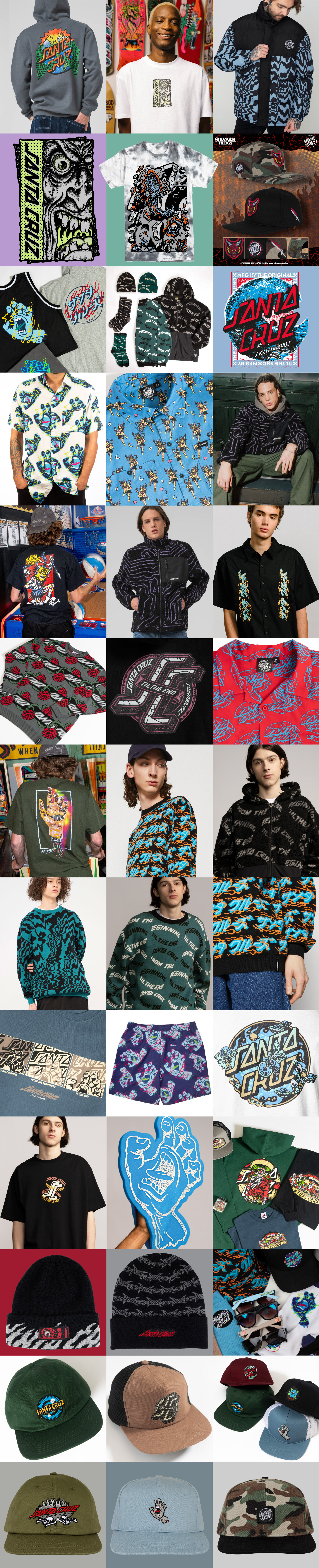 created by chip, chip Marucci, graphic design, art director, creative director, Santa Cruz Skateboards Mens apparel graphics and design, Jim Phillips, Jeff Kendall, Rob Roskopp, Jacket, T-shirt, Fleece, sweatshirt, tie dye, headwear, embroidery, cut and sew, button down, jacket, sherpa, knitted sweater, board shorts, jumbo Phillips, Emanuel Guzman, beanie