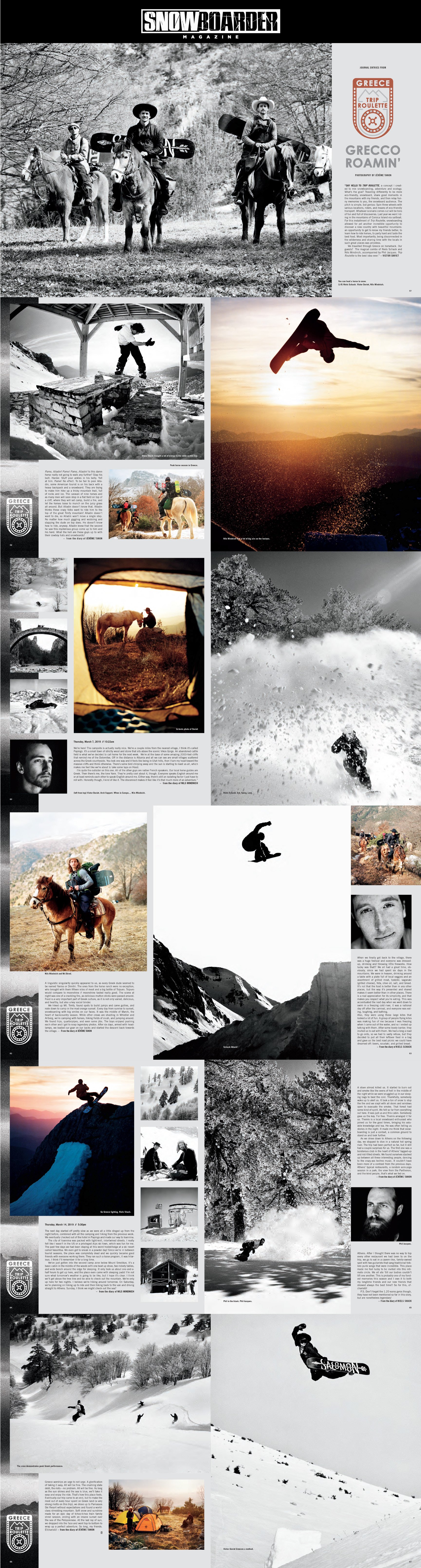 created by chip, chip Marucci, graphic design, art director, creative director, snowboarder magazine, trip roulette, Greece, snowboarding, print and editorial design, layout, graphic design,