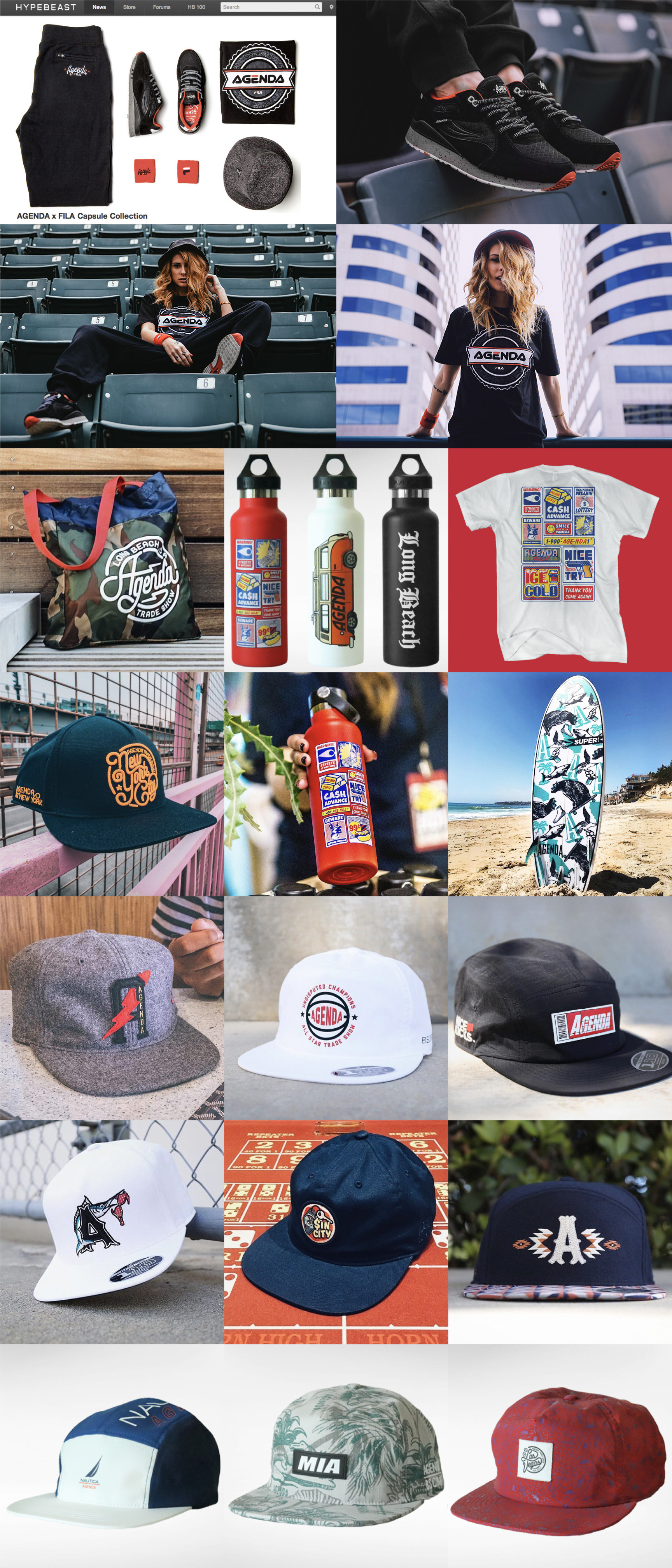 created by chip, chip Marucci, graphic design, art director, creative director, art, graphic design, print, and editorial content, created for Agenda Trade Show Long Beach, Las Vegas, Agenda Festival, Poster, Miami, New York City, fila collection, hype beast, hydro flask, Herschel supply co, flex fit headwear, design, super brand, surfboard, Las Vegas, nice kicks, nautica