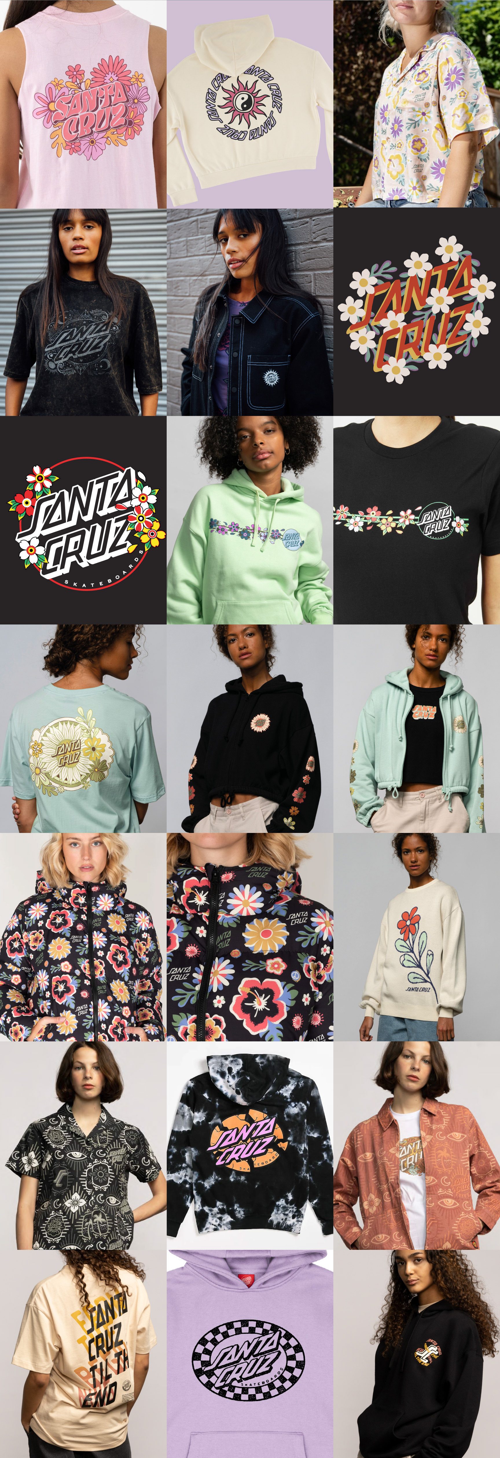 created by chip, chip Marucci, graphic design, art director, creative director, Santa Cruz skateboards women's apparel, graphic t shirts, cut and sew, floral, yin yang, astral, ethereal, fleece, jackets, knitted, sweaters, outerwear, button down, tie dye, 