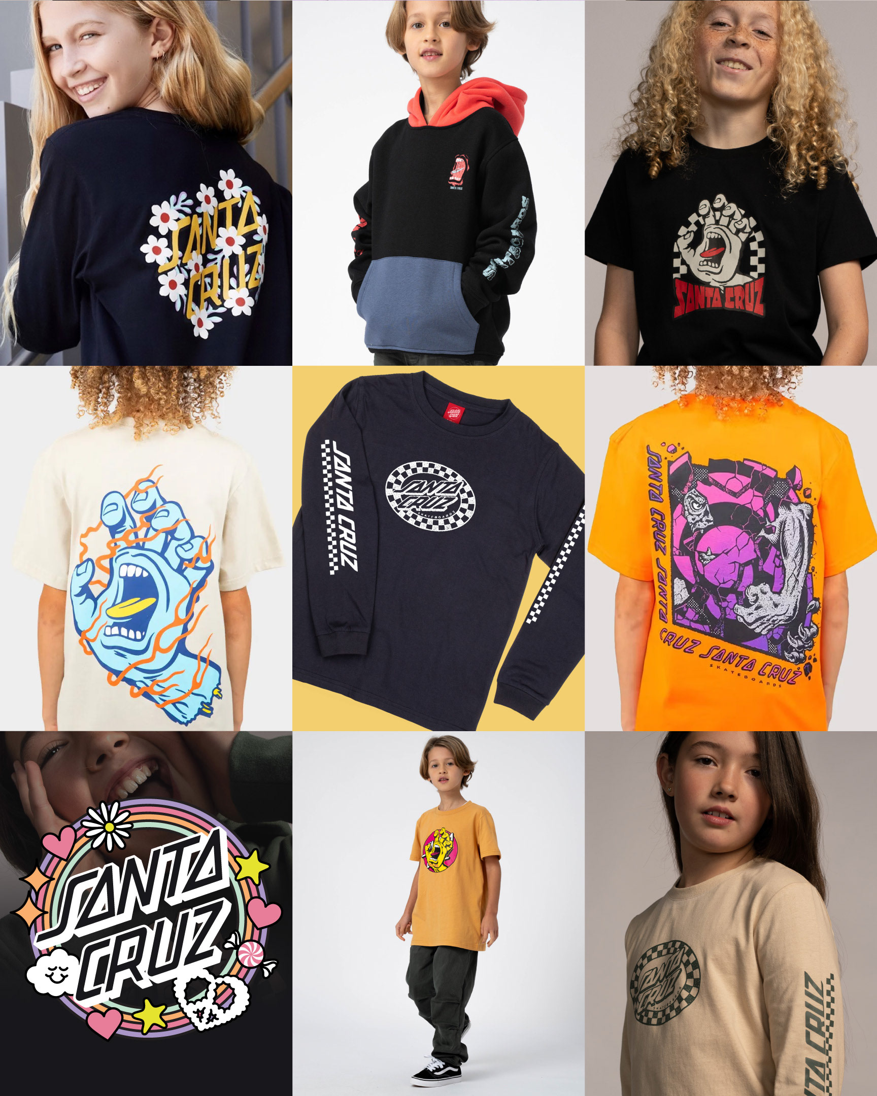 created by chip, chip Marucci, graphic design, art director, creative director, Santa Cruz Skateboards youth apparel graphics, t-shirt, fleece, sweatshirts, screaming hand, floral, rob roskopp, long sleeve, cute, rainbow, kids apparel