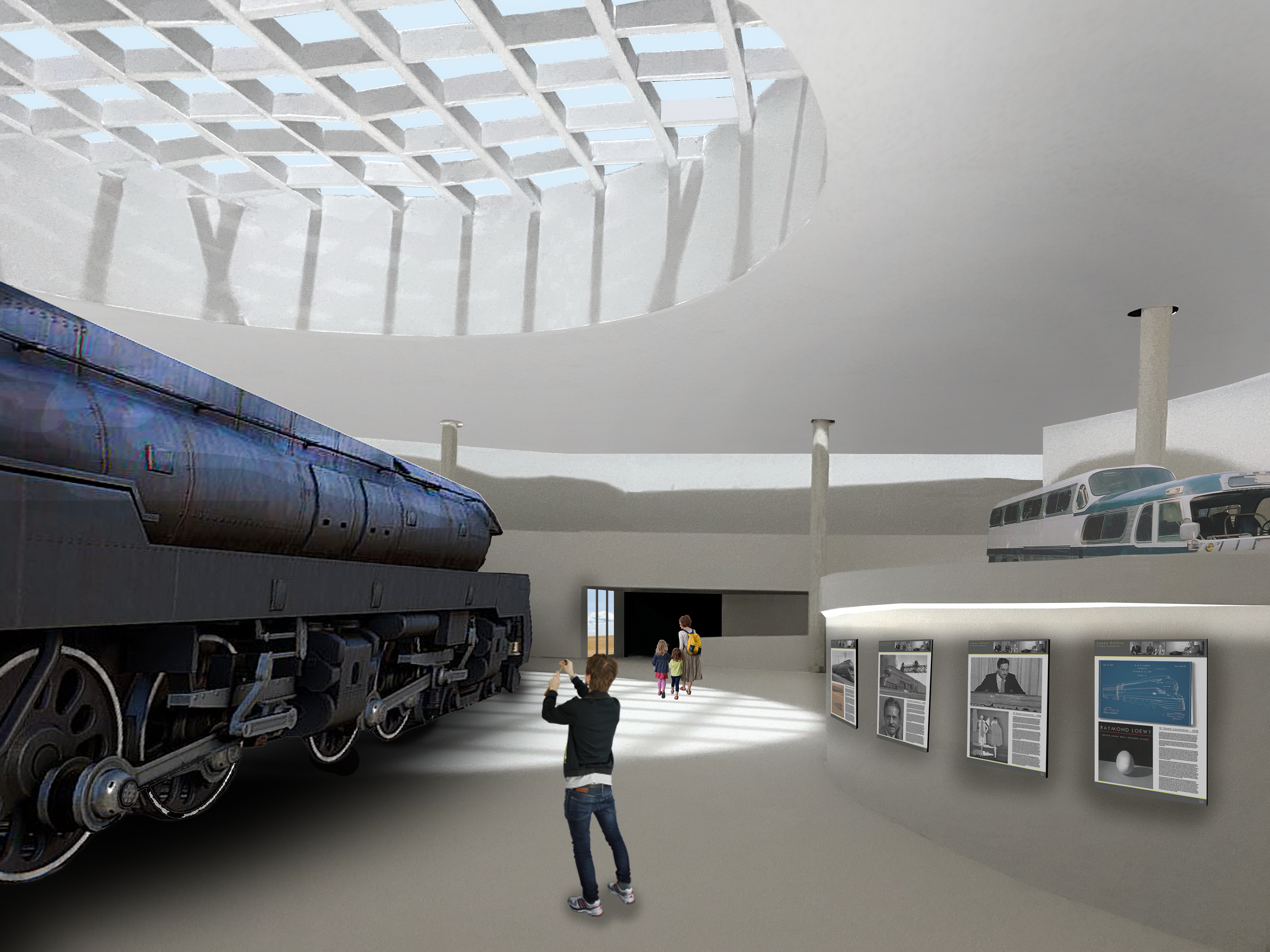 Model Photo showing Train Locomotive and Greyhound Bus
