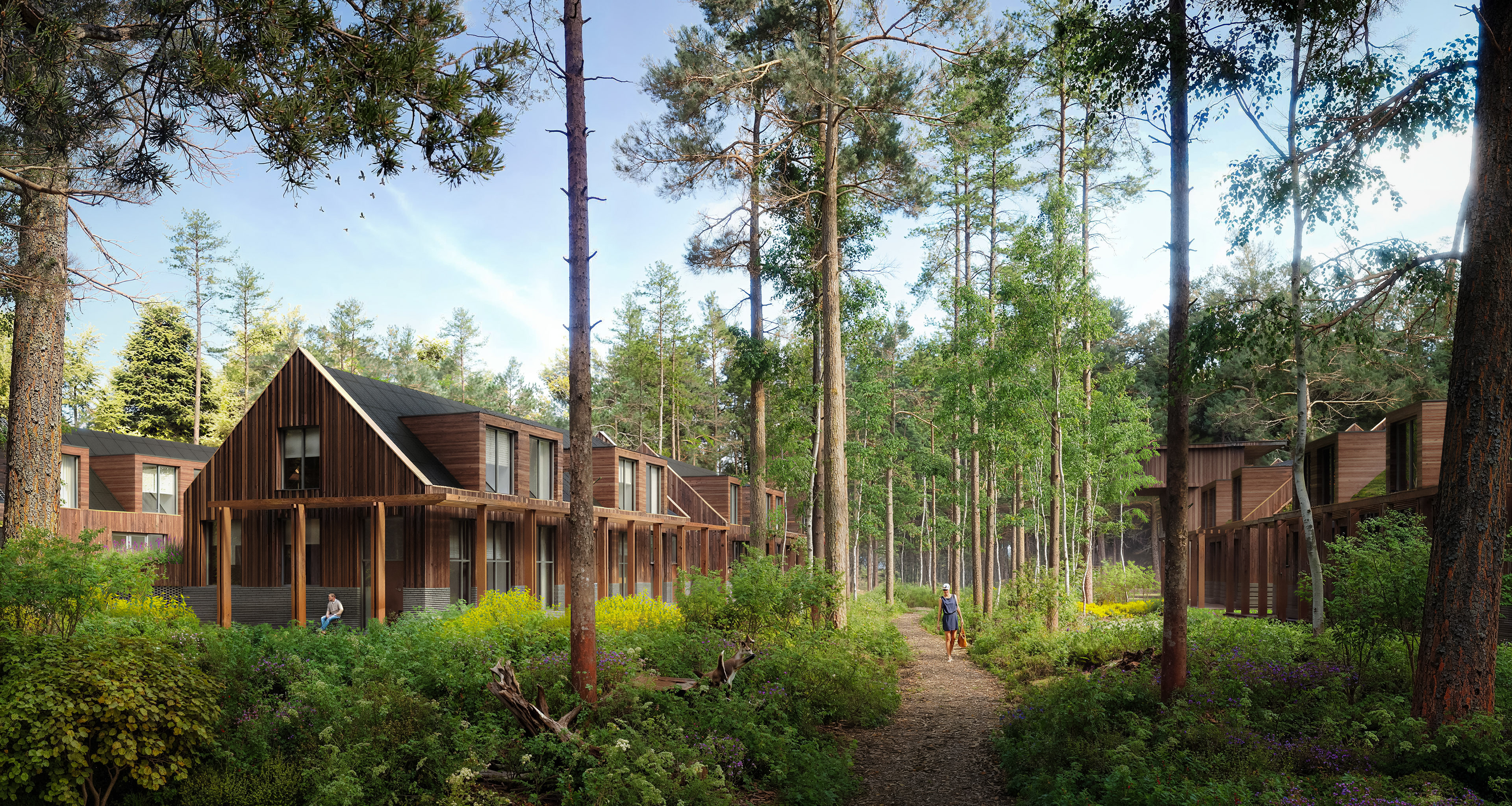 Een 3d architectuur impressie van een aantal rijwoningen in het bos in dagsfeer. Deze visualisatie is gemaakt door Axes Virtual Creations in opdracht van Latei Projectontwikkeling voor een tender. De woningen zijn energieneutraal. 