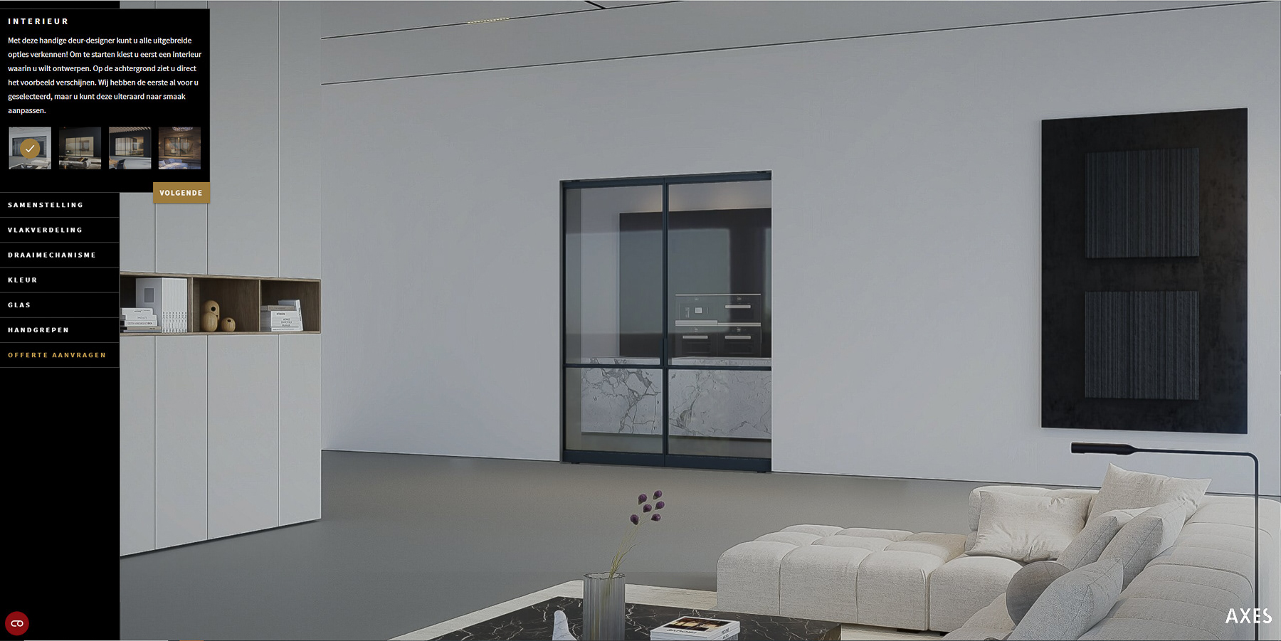 Voor De Rooy Steel Doors vervaardigden we interieursettings voor de interactieve deurdesigner. Hier zie je de woonkamer in modern wit. In deze 3D-configurator stel je in 4 stappen je perfecte stalen deur samen. Alles wordt realtime weergegeven.#productconfigurator  #3dvisualisatie #customization #designyourdoor 