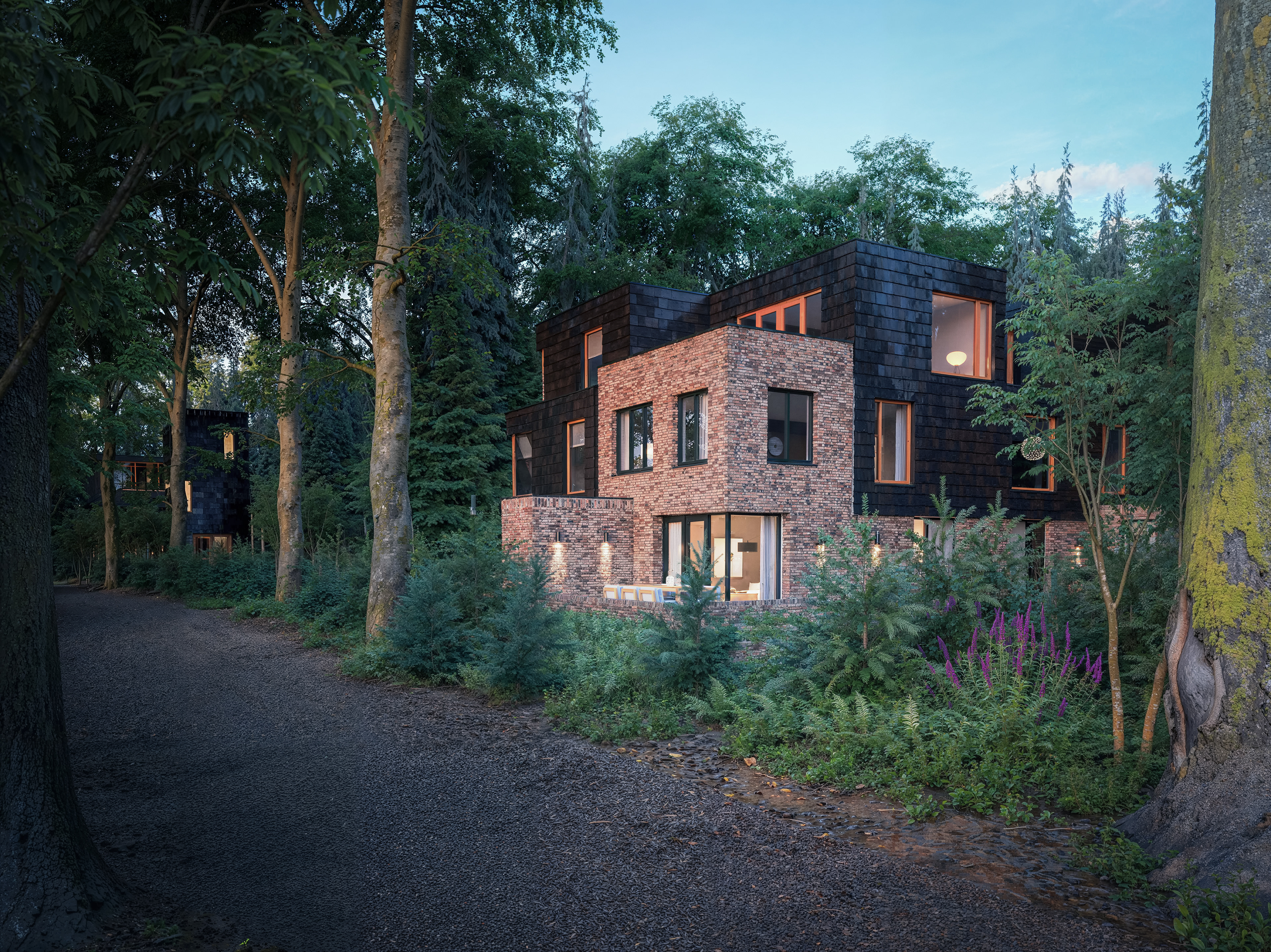 Een 3d architectuur impressie van een woningcomplex in het bos in avondsfeer. Deze visualisatie is gemaakt in opdracht van Latei Projectontwikkeling, door Axes Virtual Creations, voor een tender. De woningen zijn energieneutraal. 