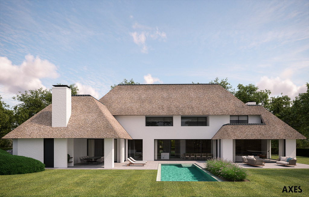 Voor een nieuwbouwvilla in België visualiseerden wij diverse exterieur visuals vanuit diverse perspectieven. Hier zie je een frontale dagsfeer render met zicht op de tuin en het zwembad. De visualisaties zijn bedoeld om architectuur, materialisatie en sfeer voor realisatie goed te kunnen beoordelen.  Onze Artist Impressies maken ideeën tastbaar, ondersteunen besluitvorming en brengen ruimtelijke kwaliteit helder in beeld.  tastbaarHet ontwerp van deze villa is van Bovijn-Watelle Architecten uit Brugge.  