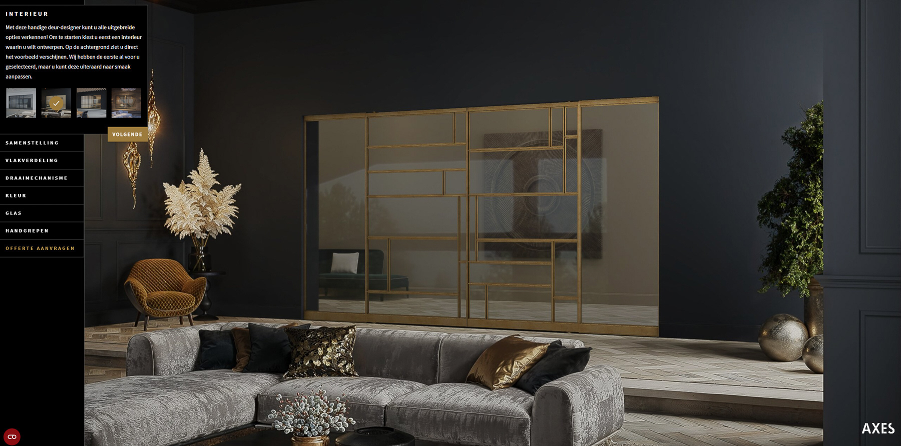 Voor De Rooy Steel Doors vervaardigden we interieursettings voor de interactieve deurdesigner. Hier zie je hotelchique woonkamer met random vlakverdeling in de stalen deur. In deze 3D-configurator stel je in 4 stappen je perfecte stalen deur samen. Alles wordt realtime weergegeven.#productconfigurator  #3dvisualisatie #customization #designyourdoor 
