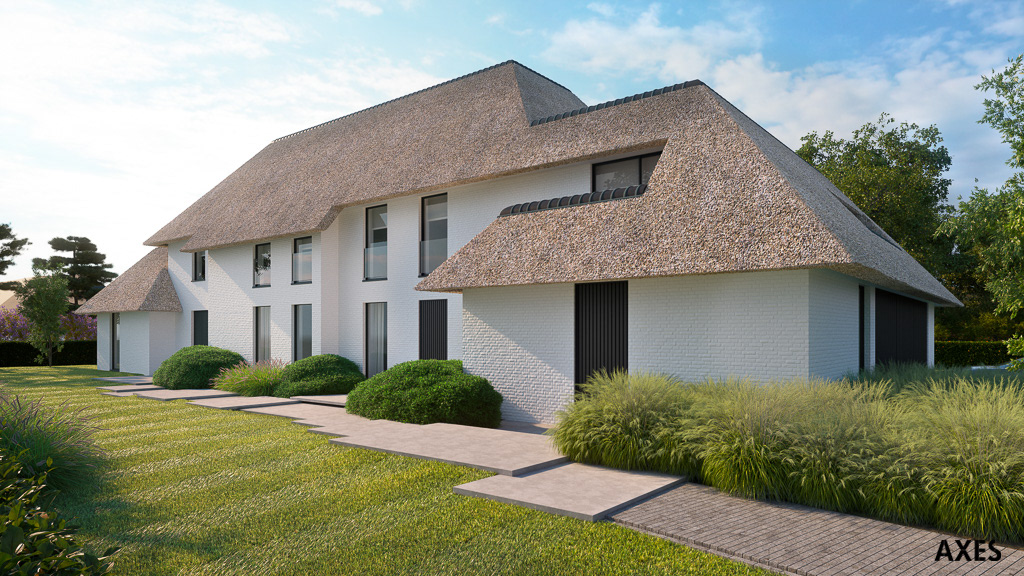 Voor een nieuwbouwvilla in België visualiseerden wij diverse exterieur visuals vanuit diverse perspectieven. Hier zie je een dagsfeer impressie van de voorzijde van de villa. De visualisaties zijn bedoeld om architectuur, materialisatie en sfeer voor realisatie goed te kunnen beoordelen.  Onze Artist Impressies maken ideeën tastbaar, ondersteunen besluitvorming en brengen ruimtelijke kwaliteit helder in beeld.  tastbaarHet ontwerp van deze villa is van Bovijn-Watelle Architecten uit Brugge.  