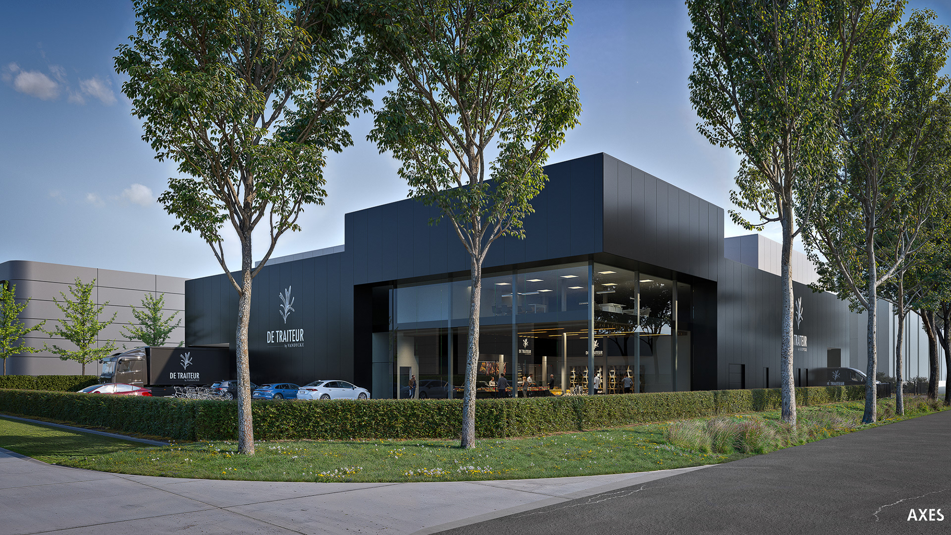 Een frisse, sfeervolle high-end 3d visualisatie van een commercieel bedrijfspand in België. Het vastgoedproject zal een traiteur gaan huisvesten. 