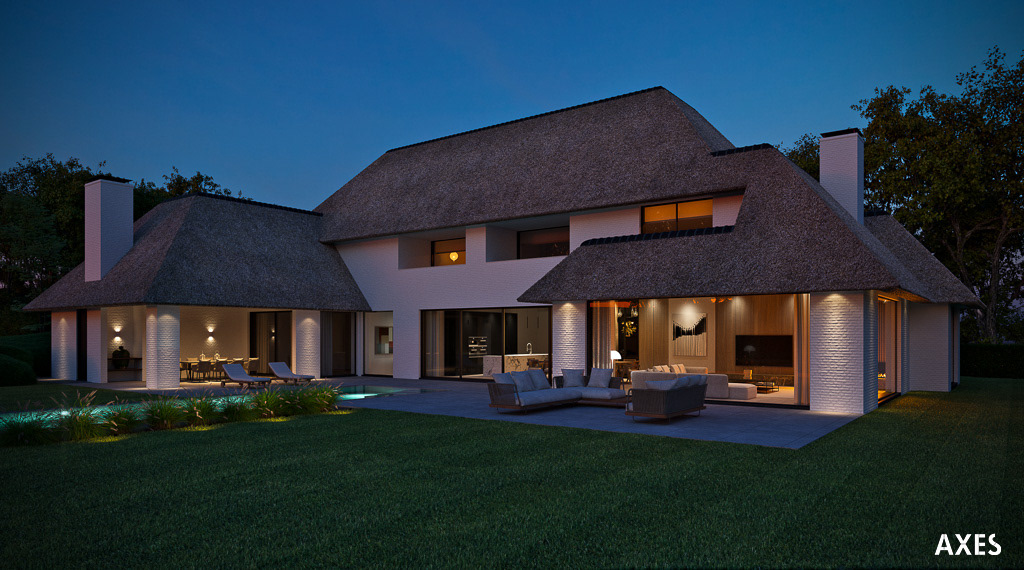 Voor een nieuwbouwvilla in België visualiseerden wij diverse exterieur visuals vanuit diverse perspectieven. Hier zie je een avondsfeerimpressie. De visualisaties zijn bedoeld om architectuur, materialisatie en sfeer voor realisatie goed te kunnen beoordelen. Onze Artist Impressies maken ideeën tastbaar, ondersteunen besluitvorming en brengen ruimtelijke kwaliteit helder in beeld. tastbaarHet ontwerp van deze villa is van Bovijn-Watelle Architecten uit Brugge.