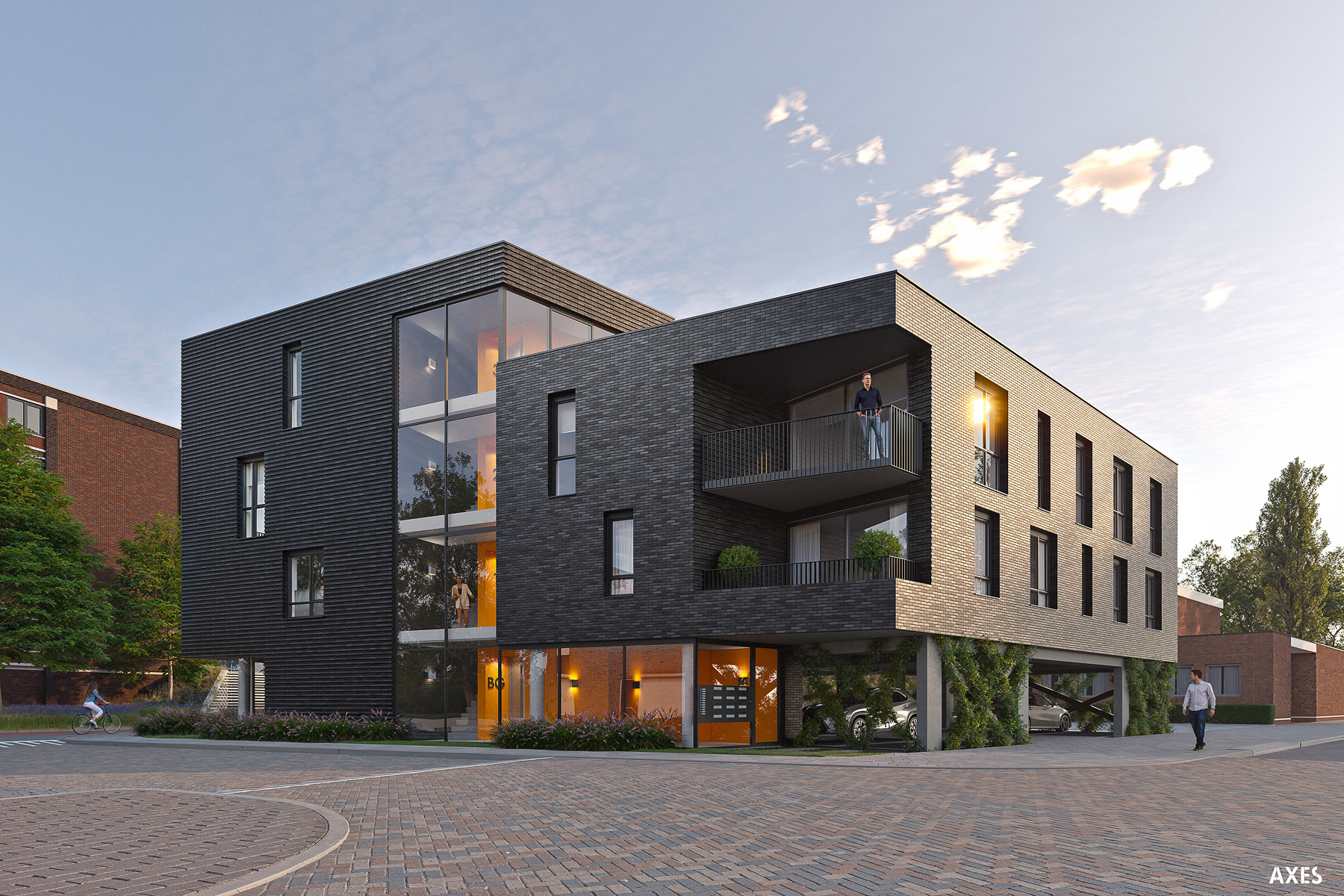 3D-visualisatiie van nieuwbouw project in Amersfoort. Het is een modern appartementencomplex. We hebben verschillende ooghoogte impressies gemaakt en een vogelvlucht impressie. Hier zie je een ooghoogte impressie vanuit een gewaagd standpunt waardoor het gebouw imposant in beeld komt. De projectontwikkeling is in handen van Heerenbroers, de architectuur is van Zeep Architects & Urban Designers en het projectmanagement ligt bij Bouwend. 