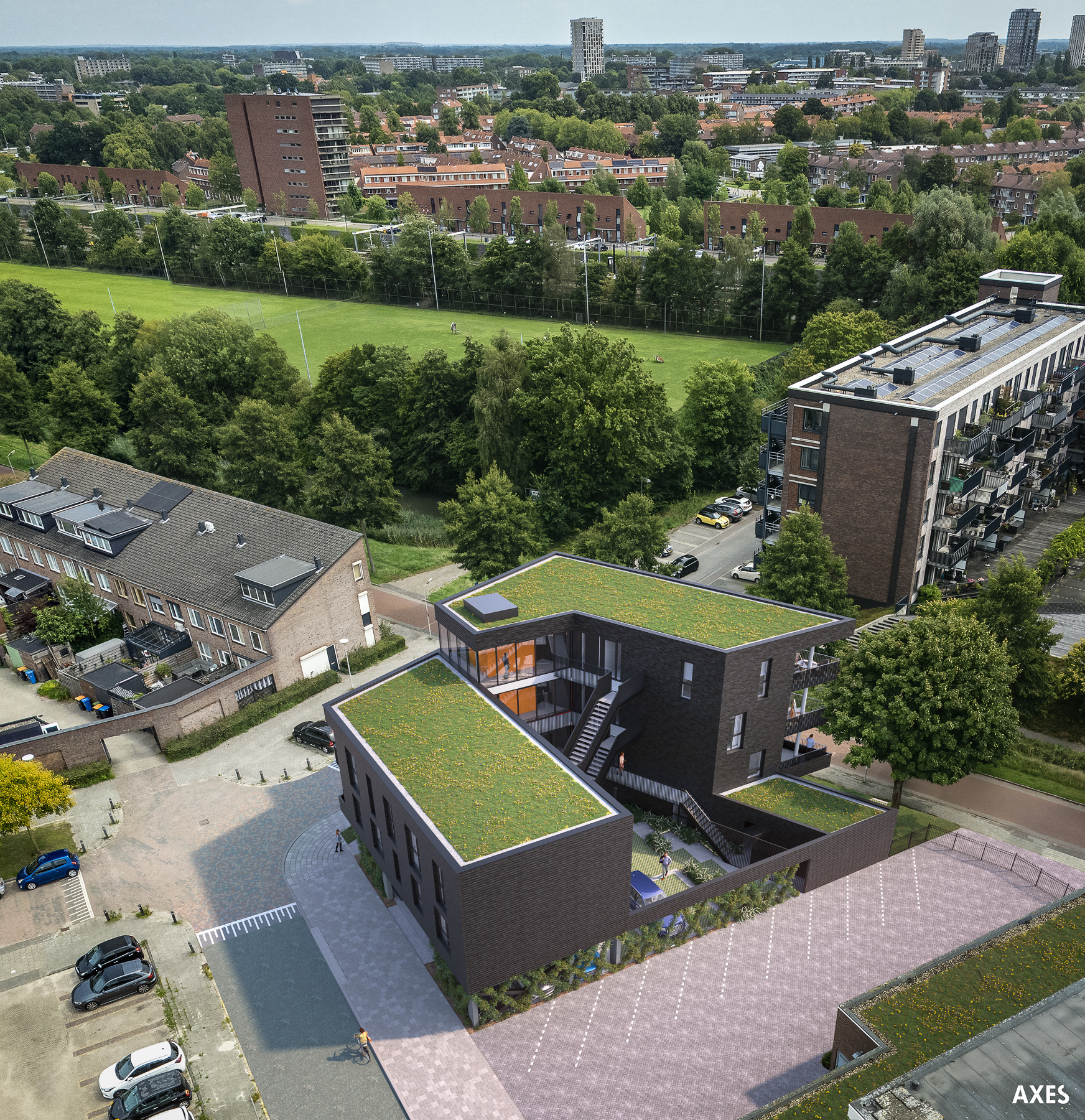 3D-visualisatiie van nieuwbouw project in Amersfoort. Het is een modern appartementencomplex. We hebben verschillende ooghoogte impressies gemaakt en een vogelvlucht impressie. Hier zie je een ooghoogte impressie vanuit een gewaagd standpunt waardoor het gebouw imposant in beeld komt. De projectontwikkeling is in handen van Heerenbroers, de architectuur is van Zeep Architects & Urban Designers en het projectmanagement ligt bij Bouwend.  Hier zie je de vogelvlucht impressie die de ligging van het stadsappartement tov van de omgeving toont. 