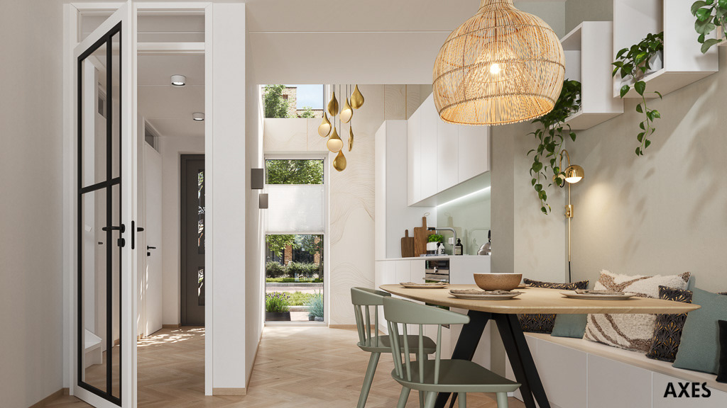 In opdracht van De Alliantie vervaardigden wij deze interieur impressie van de Special van de rijwoningen Olympiakwartier Oost in Almere Poort. De opdrachtgever wilde graag de vide zien die boven de keuken zit. Vandaar een lage visualisatie die over de eettafel de keuken en gang inkijkt. 