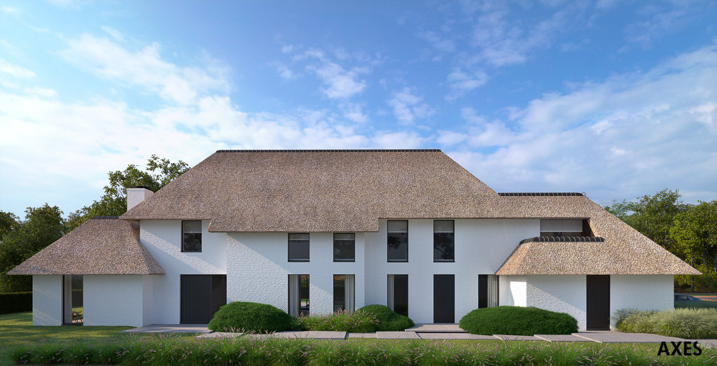 Voor een nieuwbouwvilla in België visualiseerden wij diverse exterieur visuals vanuit diverse perspectieven. Hier zie je een frontale dagsfeer impressie. avondsfeerimpressie. De visualisaties zijn bedoeld om architectuur, materialisatie en sfeer voor realisatie goed te kunnen beoordelen.  Onze Artist Impressies maken ideeën tastbaar, ondersteunen besluitvorming en brengen ruimtelijke kwaliteit helder in beeld.  tastbaarHet ontwerp van deze villa is van Bovijn-Watelle Architecten uit Brugge.  