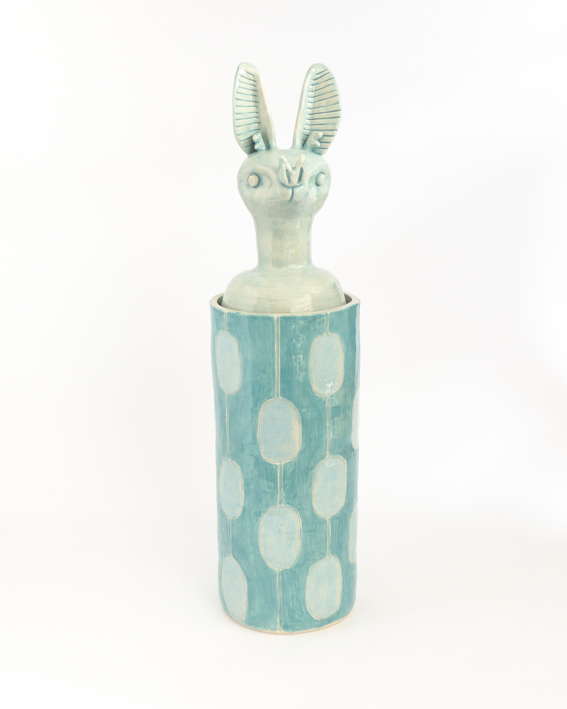 Blue jar with bat head for lid in glazed ceramic