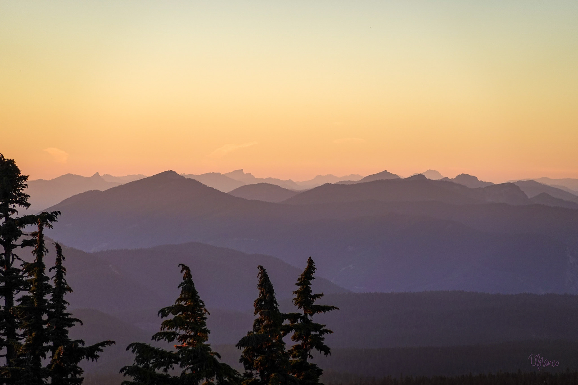 Gifford Pinchot National Forest at sunset, as seen from Mt Adams