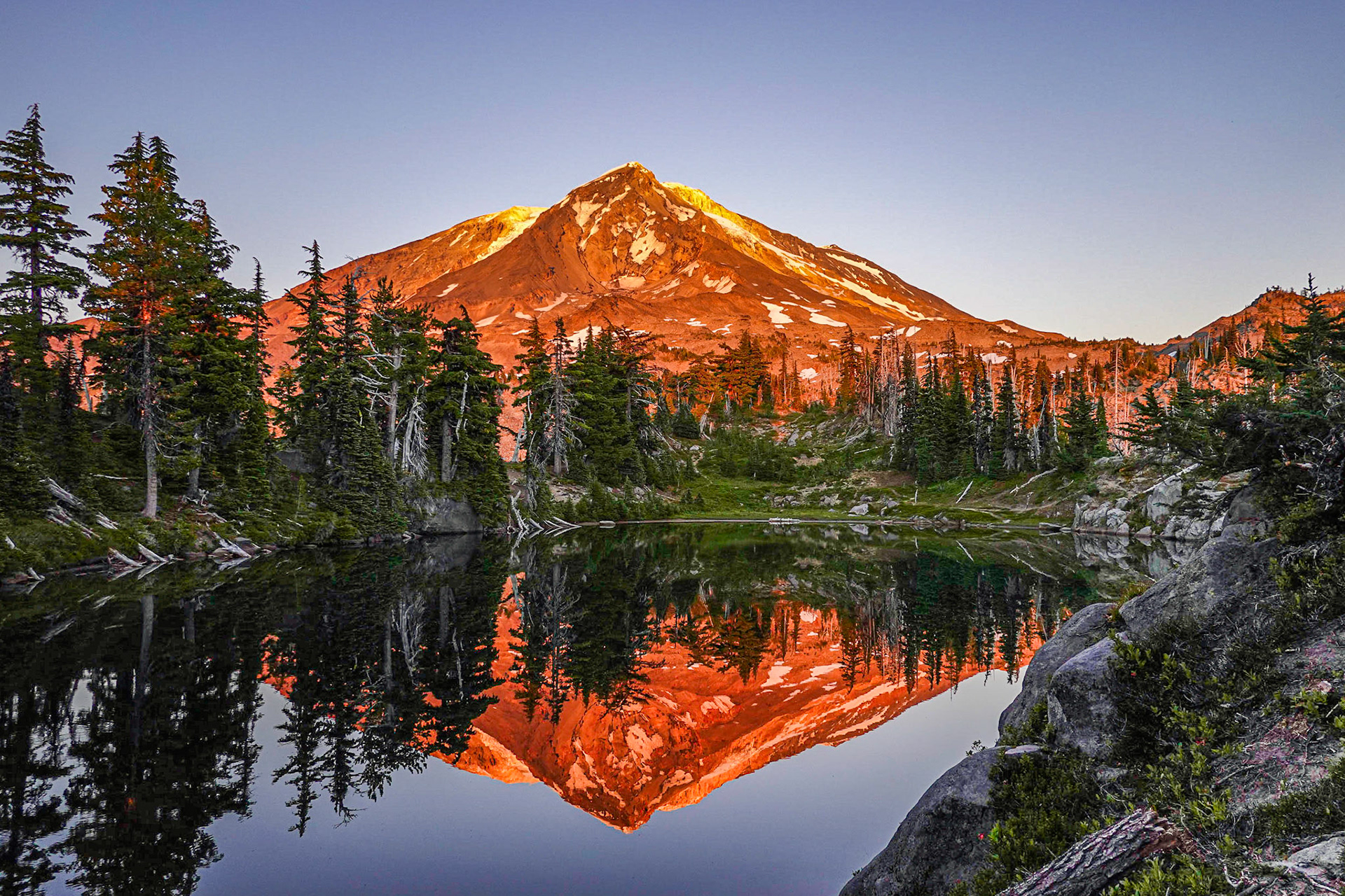 Mt Adams reflected on Crystal Lake at sunset