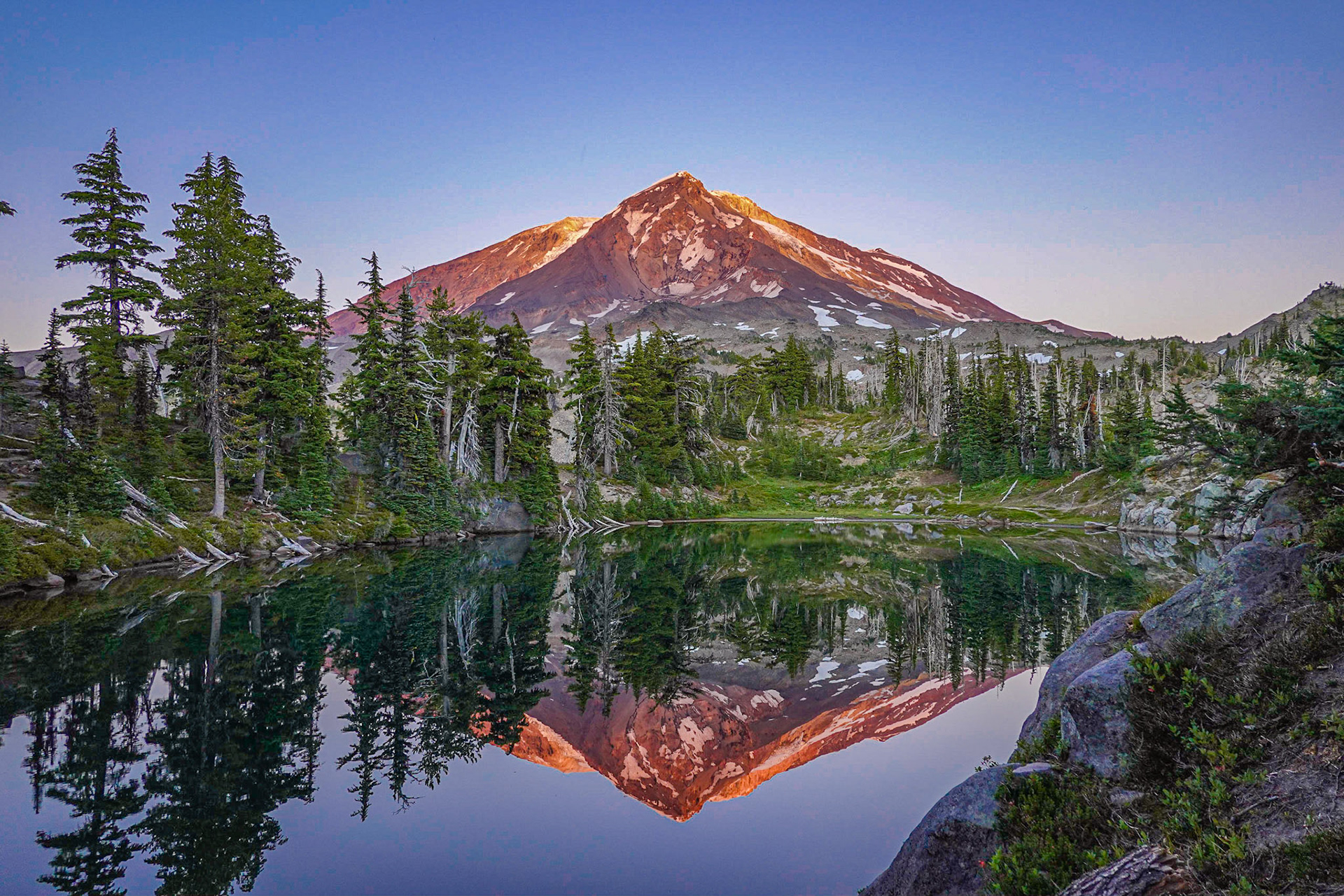 Mt Adams reflected on Crystal Lake in early twilight