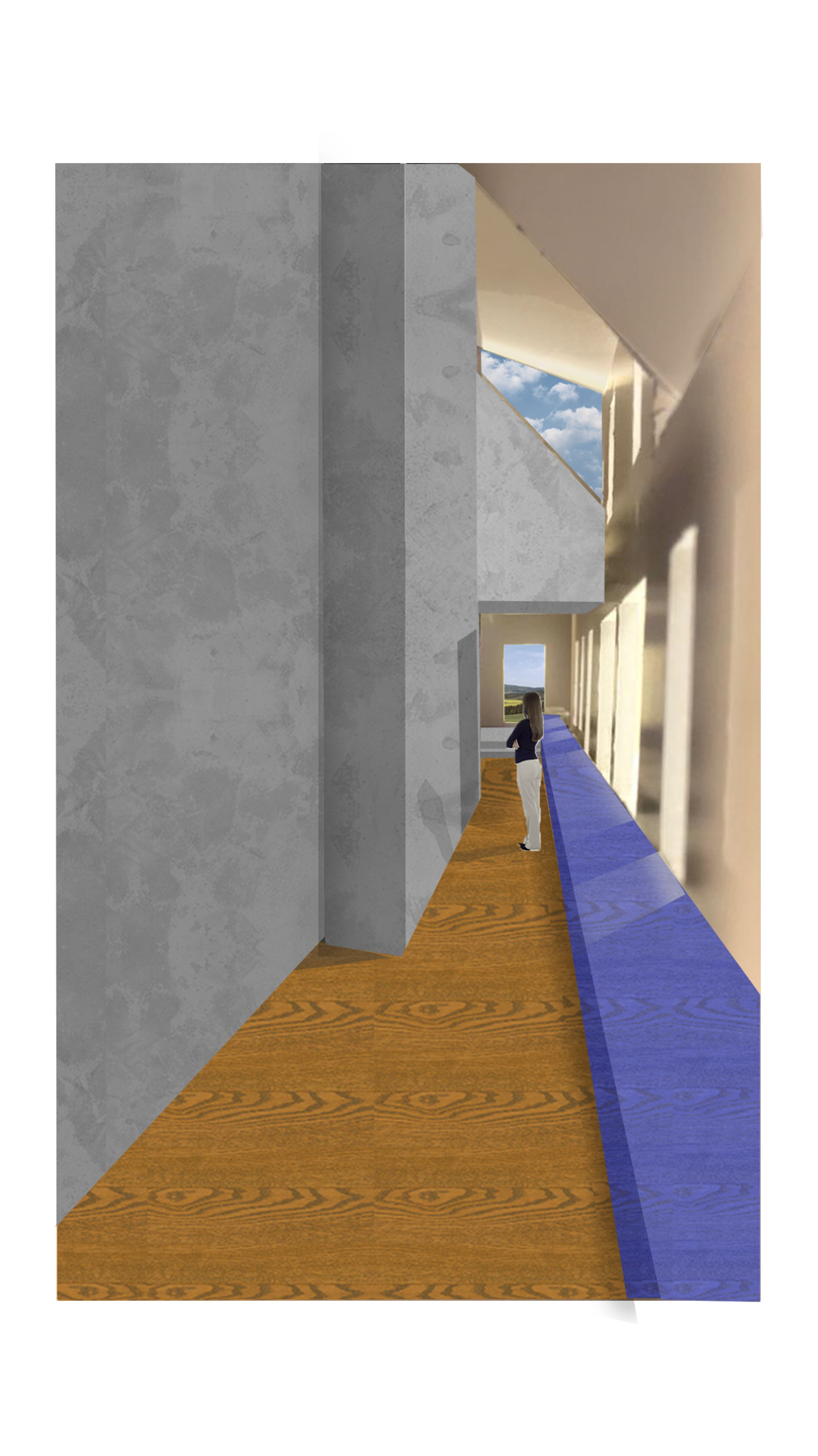 Render image of the long corridor with its prominent blue bench. It feels like a small alley with recessed facades of tall houses yet you are guided by the blue bench.