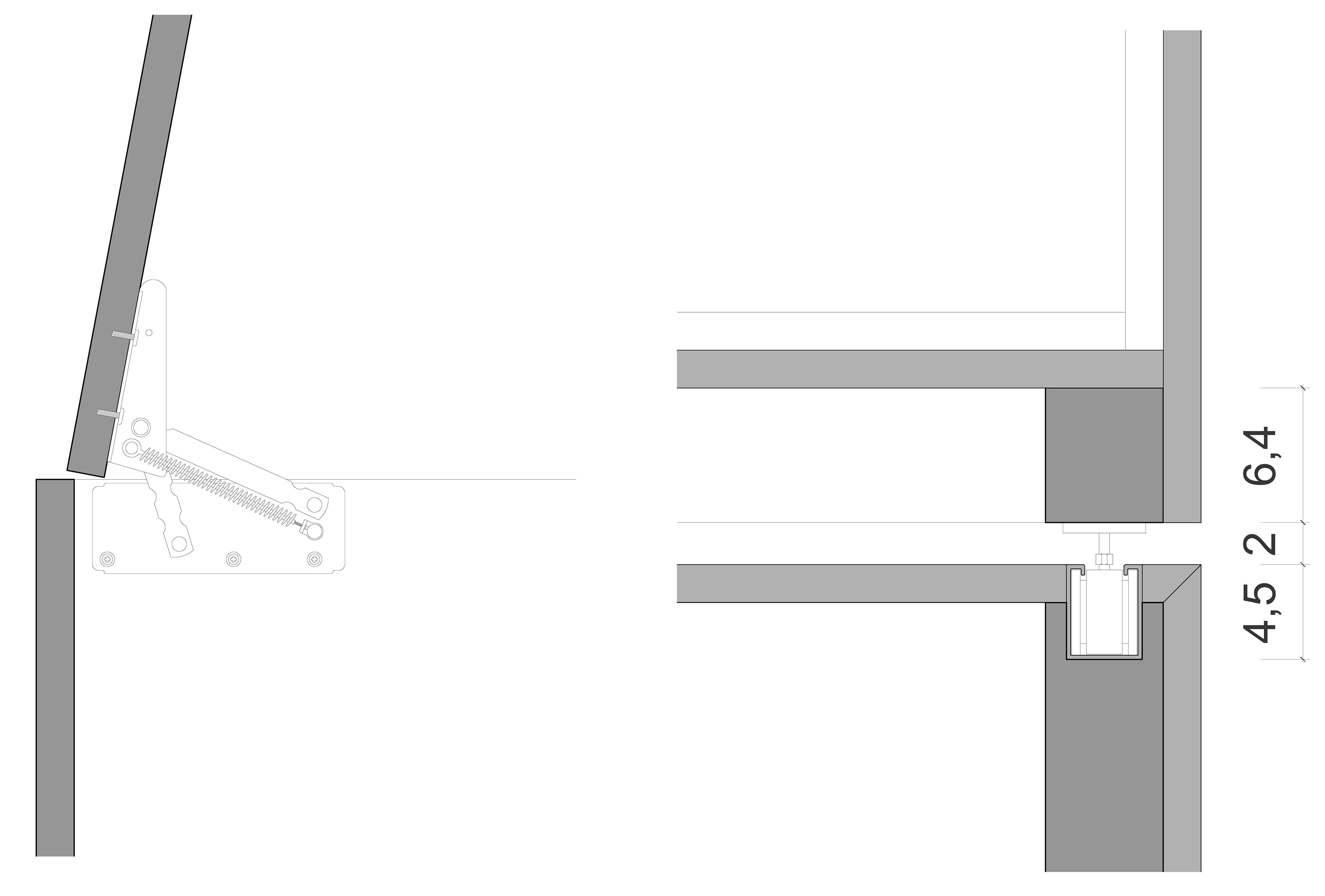 Detail drawing of a hinge of the floor cabinets and the rail system of the closet