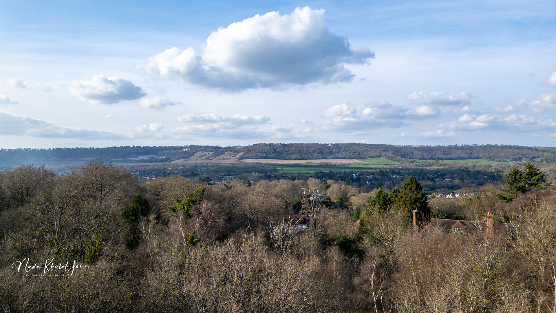 Aerial view over the Surrey hills near Limpsfield, England