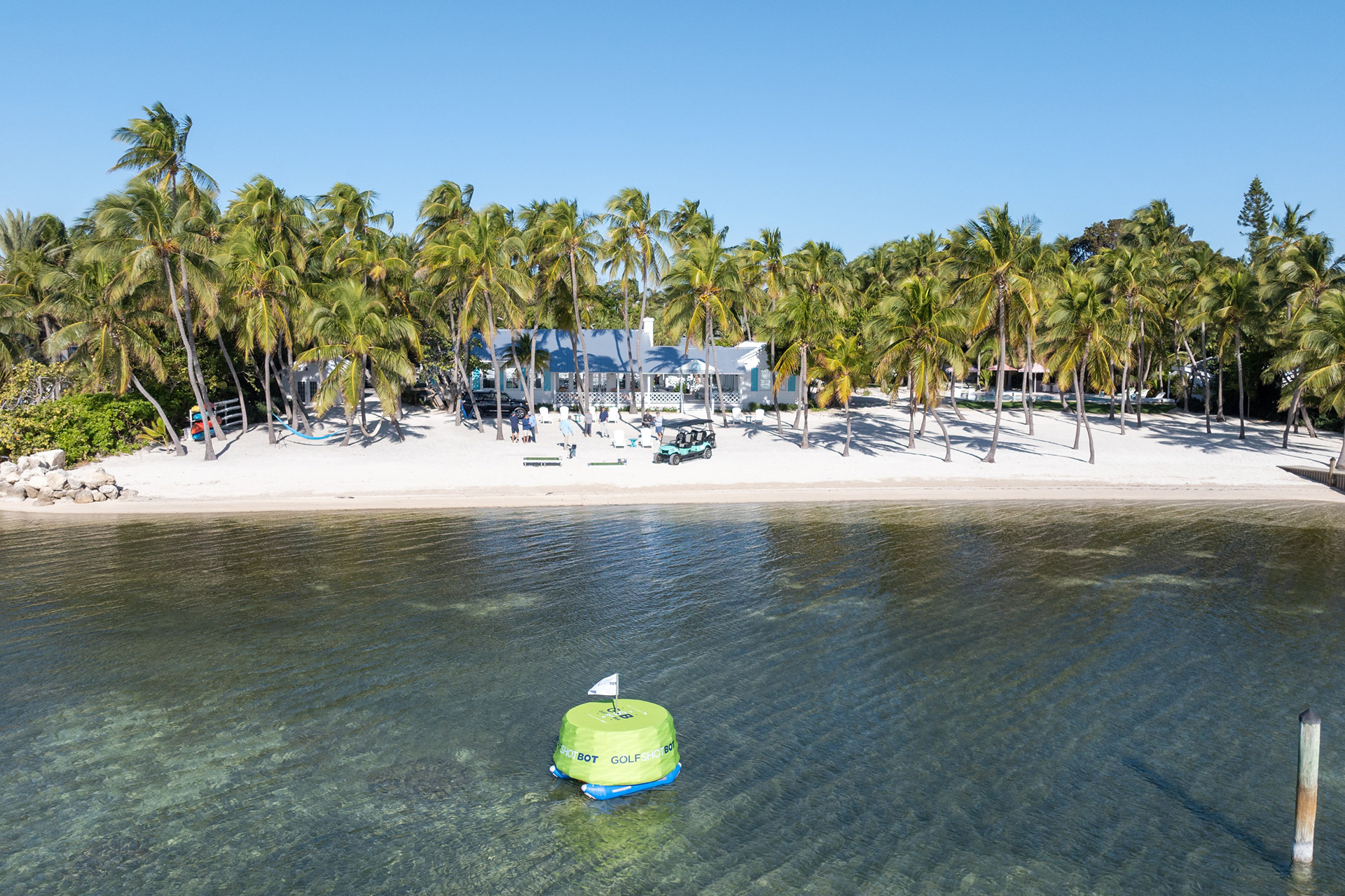 Palm trees and a white-sand beach with a boater