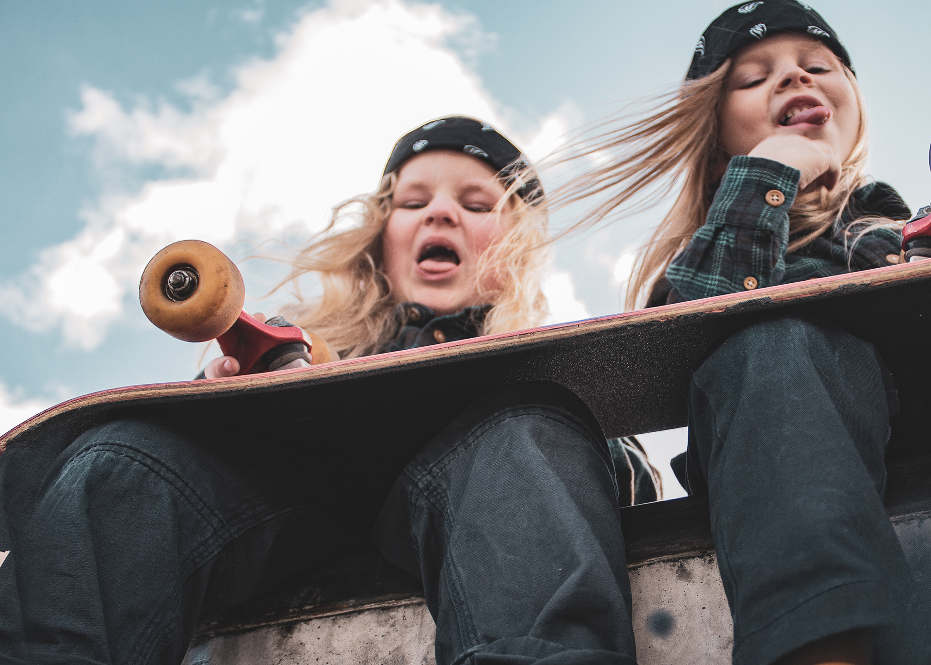 Jacey and Kylee rockin the skate look Blue Skies and bandanas, Jacey and Kylee Skate Shoot, Joe Albi Skate Park, Spokane Washington,Victoria EB Photography