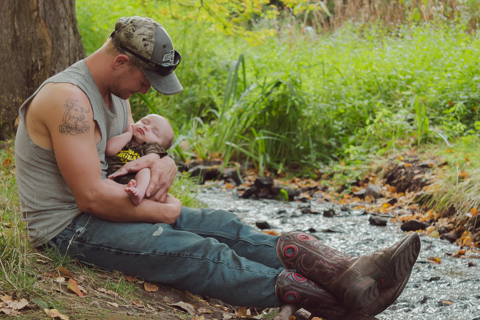 Cody Salter and His Son Jeremiah at the Creek, Father and Son Session, Finch Arboretum, Spokane Washington, 2020, Victoria EB Photography