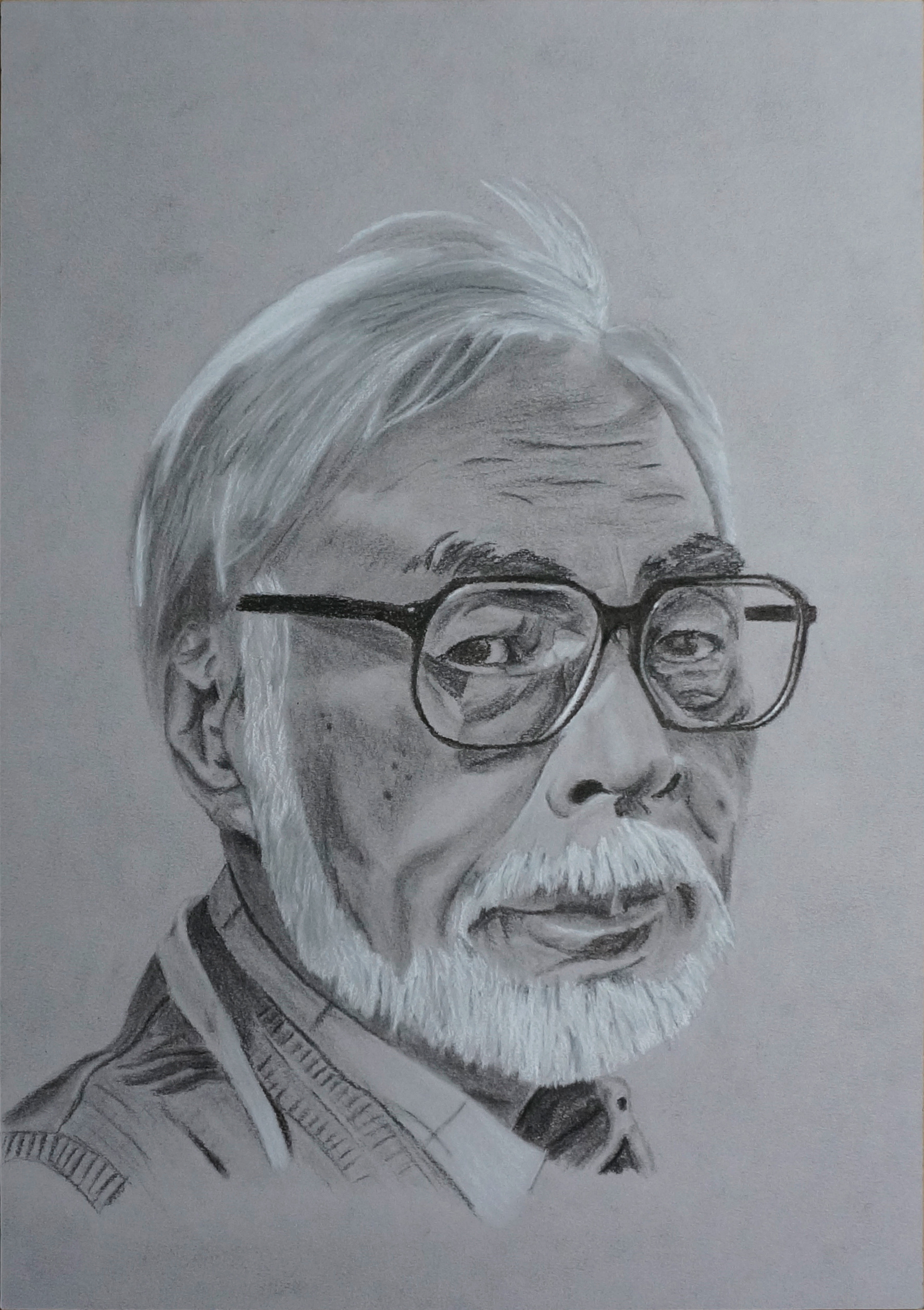 Charcoal on Tone Paper portrait of Hayao Miyazaki