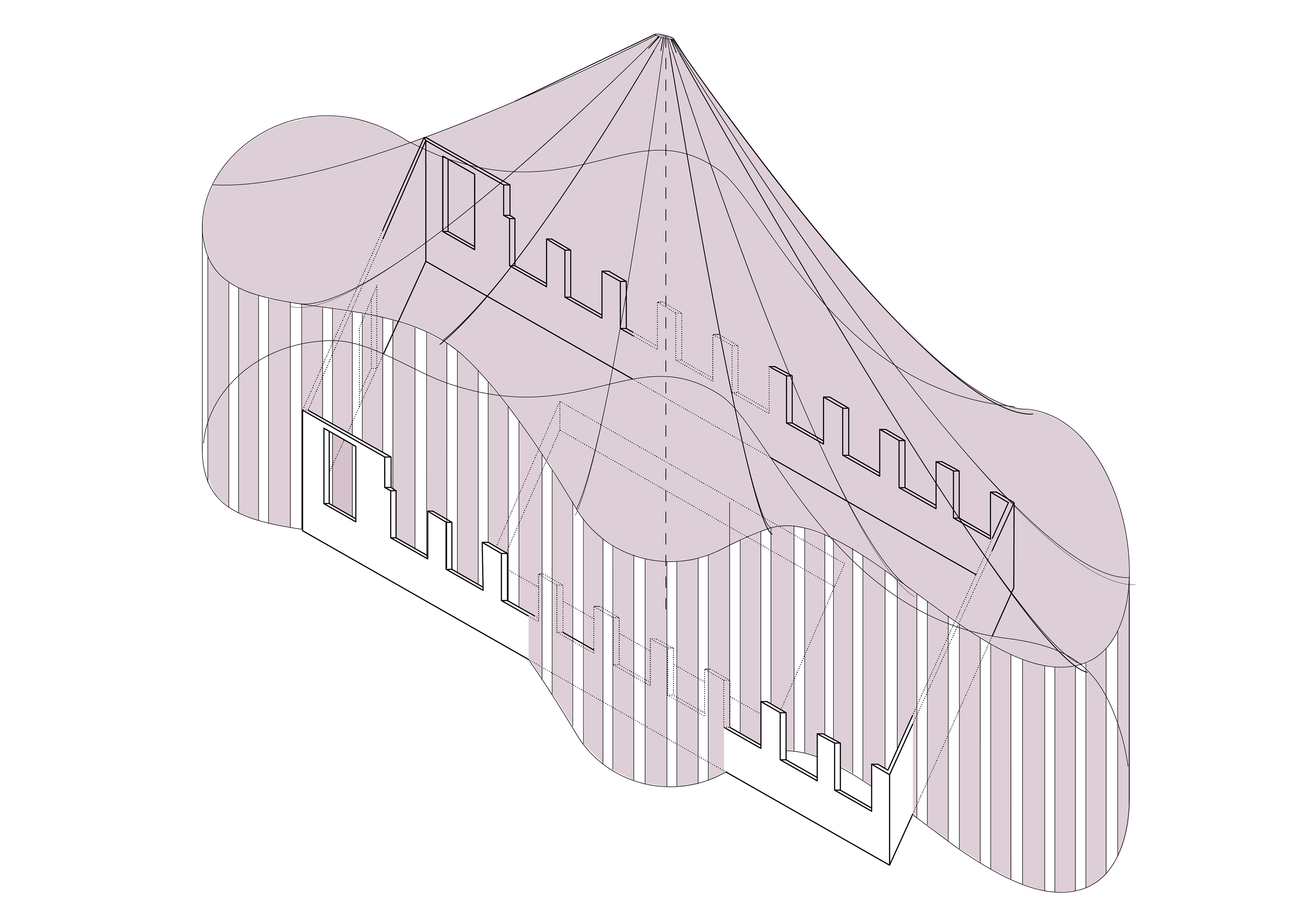 AXONOMETRIC VIEW OF TENT STRUCTURE OVER EXISTING RUINS