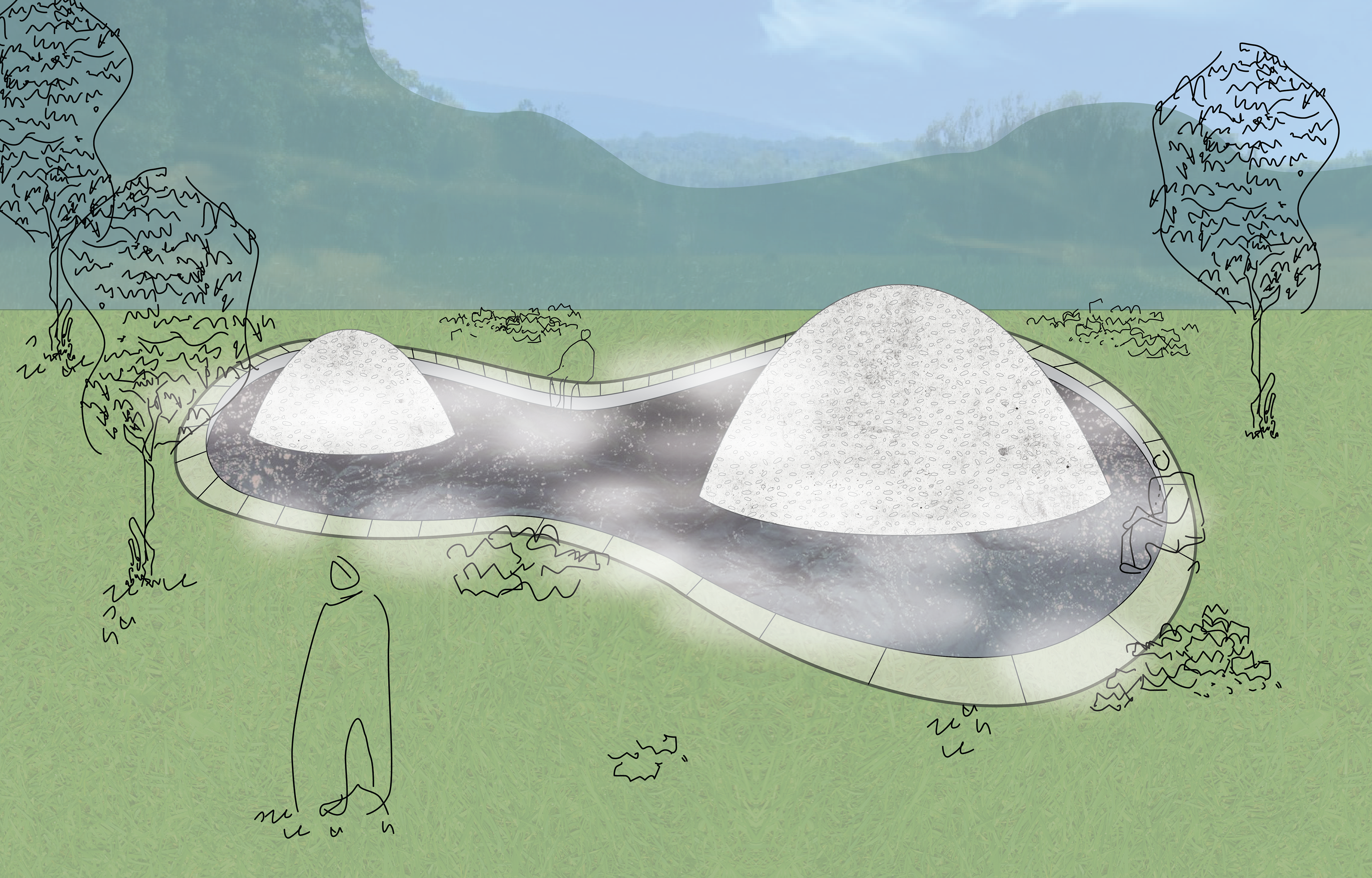 SAUNA + MINERAL BATH OVERLAP, WITH SAUNA DOMES LOCATED INSIDE OF WARMED POOLS