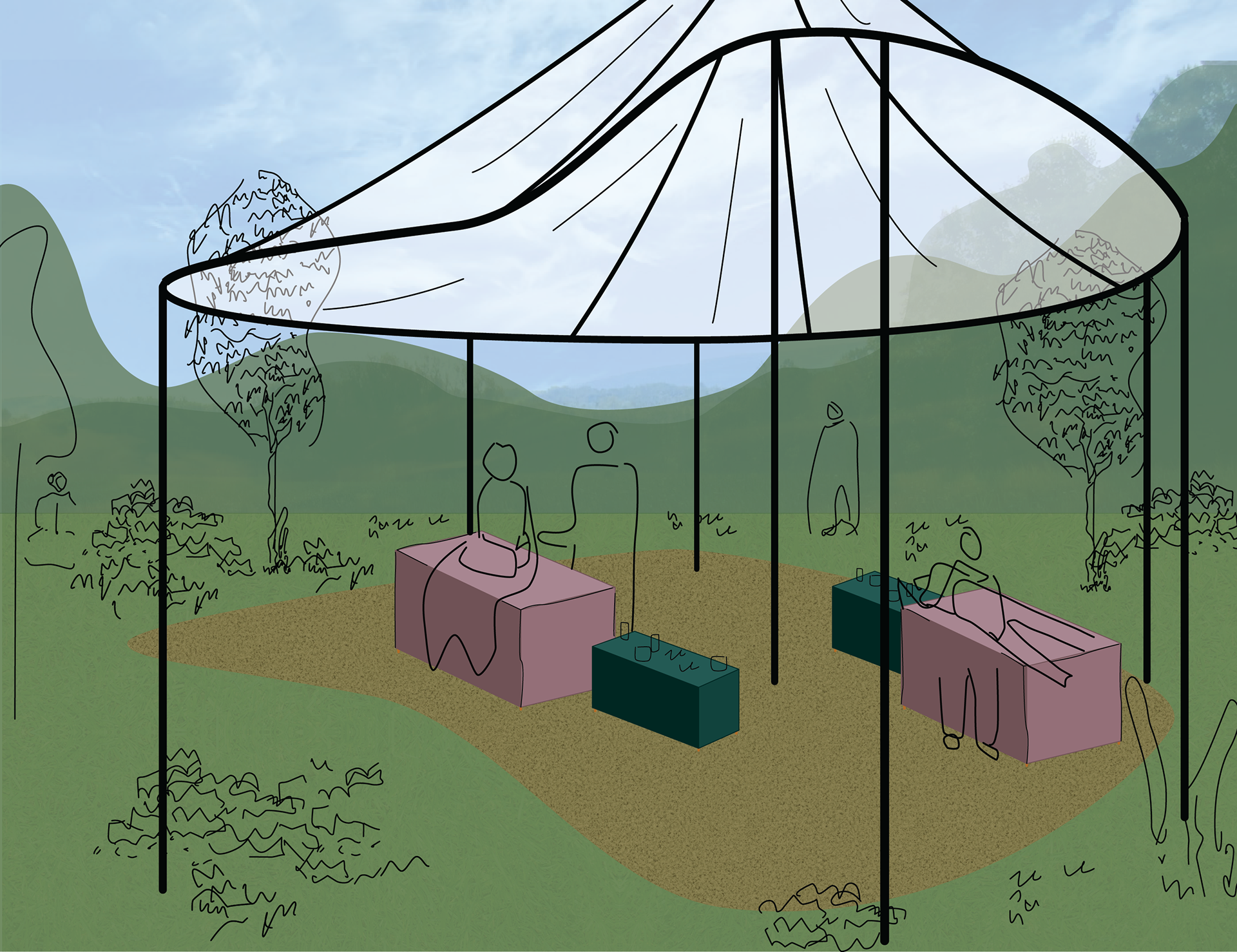 OUTDOOR TREATMENT "ROOM" WITH TREATMENT TABLES AND OPEN BOUNDARIES