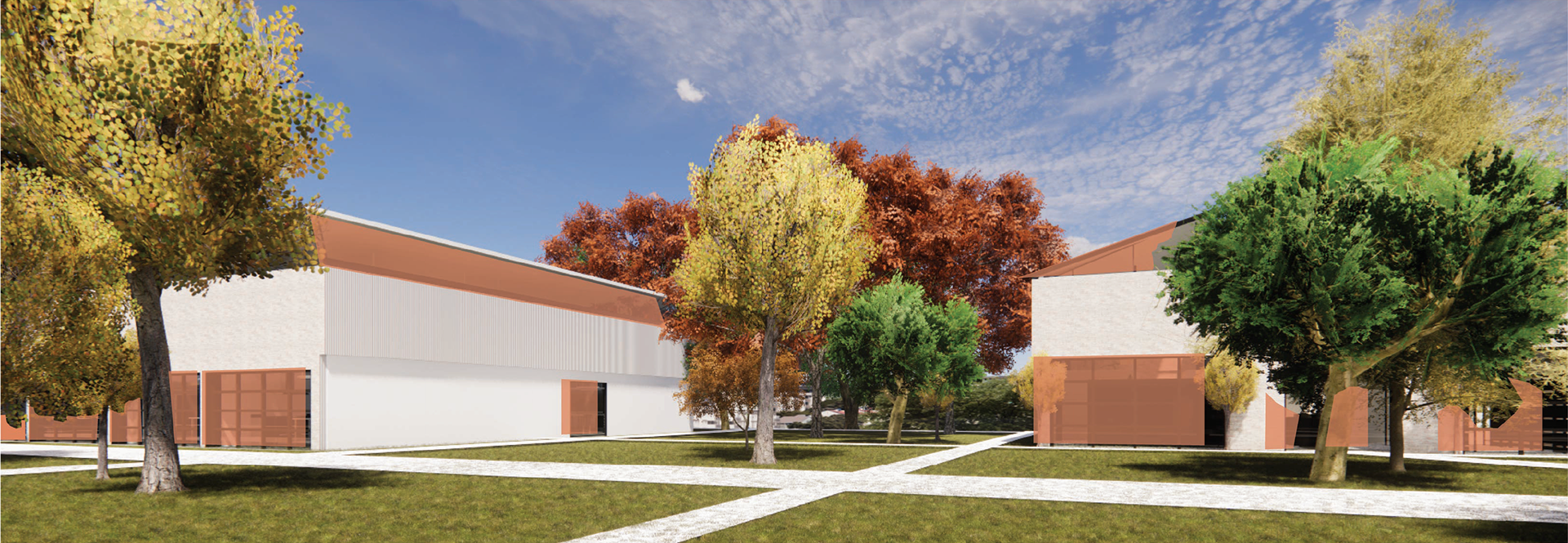POTENTIAL VIEW OF EXTERIOR OF BUILDINGS, MODIFICATIONS TO BASE BUILDING HIGHLIGHTED IN ORANGE