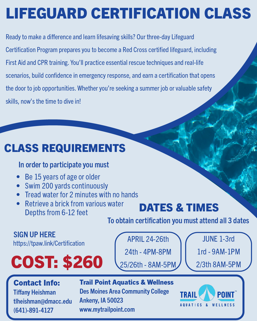 Infromational social post/flyer for lifeguard cert classes provided by Trail Point
